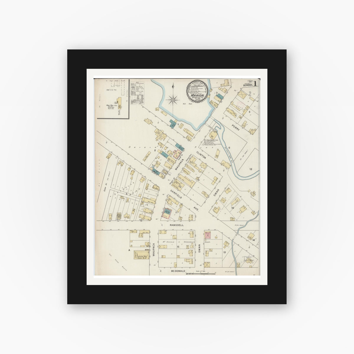 Old map wall art mockup — black gallery frame with white mat — Sanborn Fire Insurance Map from Marion, Waupaca County, Wisconsin (1894) - Complete Map Set