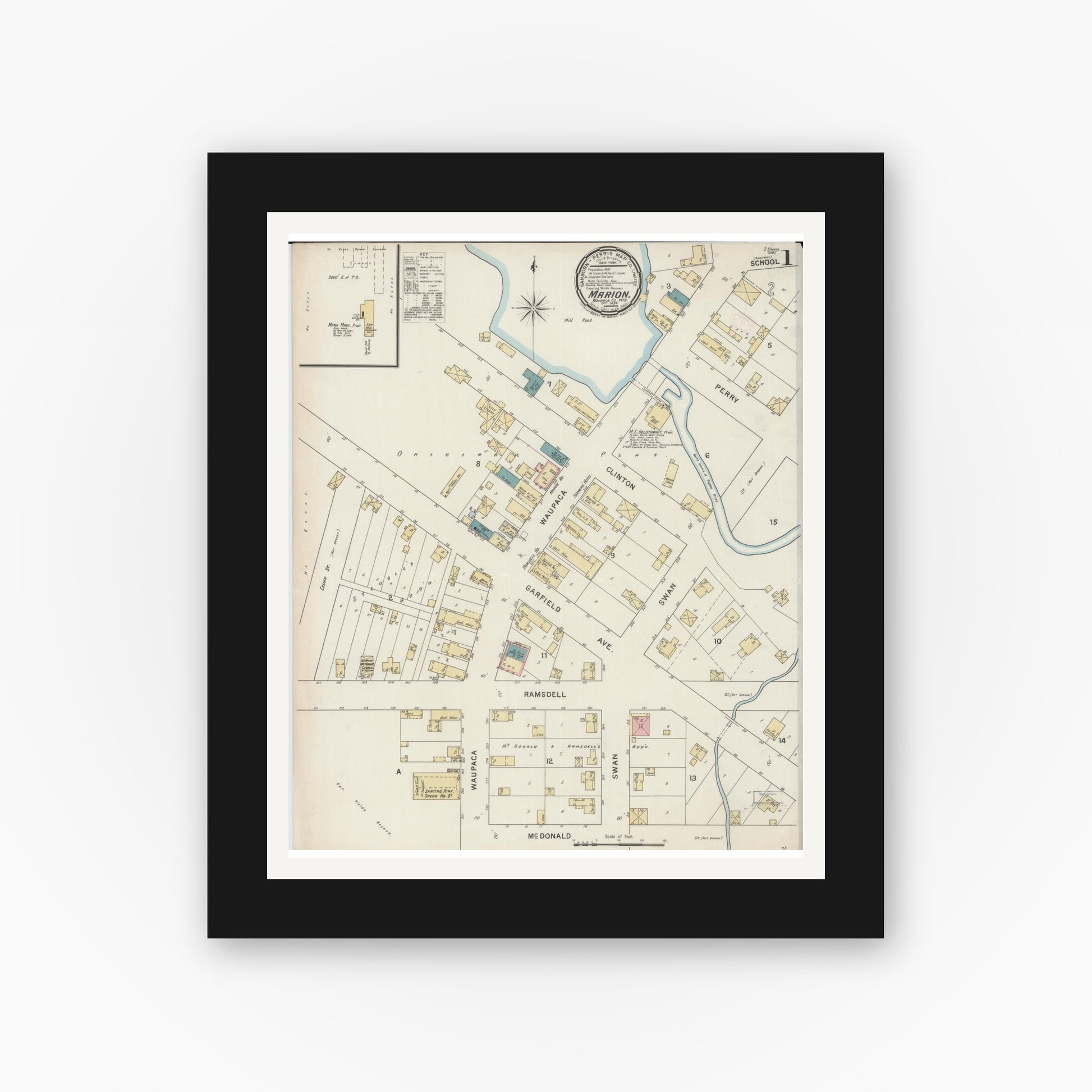 Old map wall art mockup — black gallery frame with white mat — Sanborn Fire Insurance Map from Marion, Waupaca County, Wisconsin (1894) - Complete Map Set