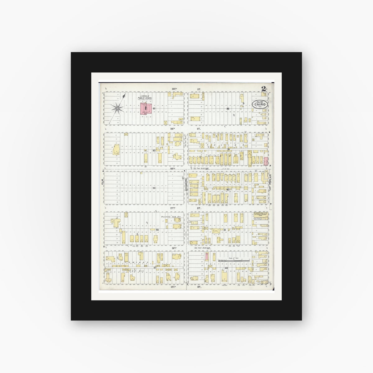Old map wall art mockup — black gallery frame with white mat — Sanborn Fire Insurance Map from Cairo, Alexander County, Illinois (1901), Sheet #0002