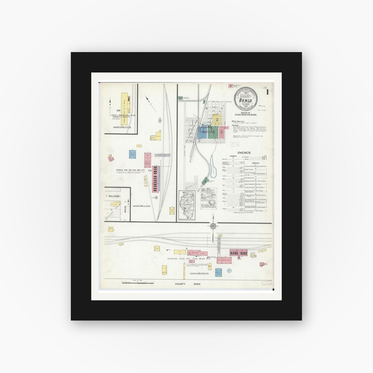 Old map wall art mockup — black gallery frame with white mat — Sanborn Fire Insurance Map from Benld, Macoupin County, Illinois (1915), Sheet #0001