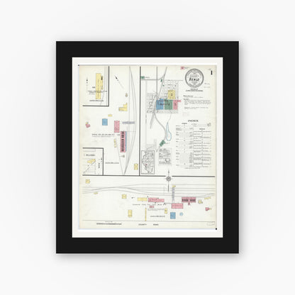 Old map wall art mockup — black gallery frame with white mat — Sanborn Fire Insurance Map from Benld, Macoupin County, Illinois (1915), Sheet #0001