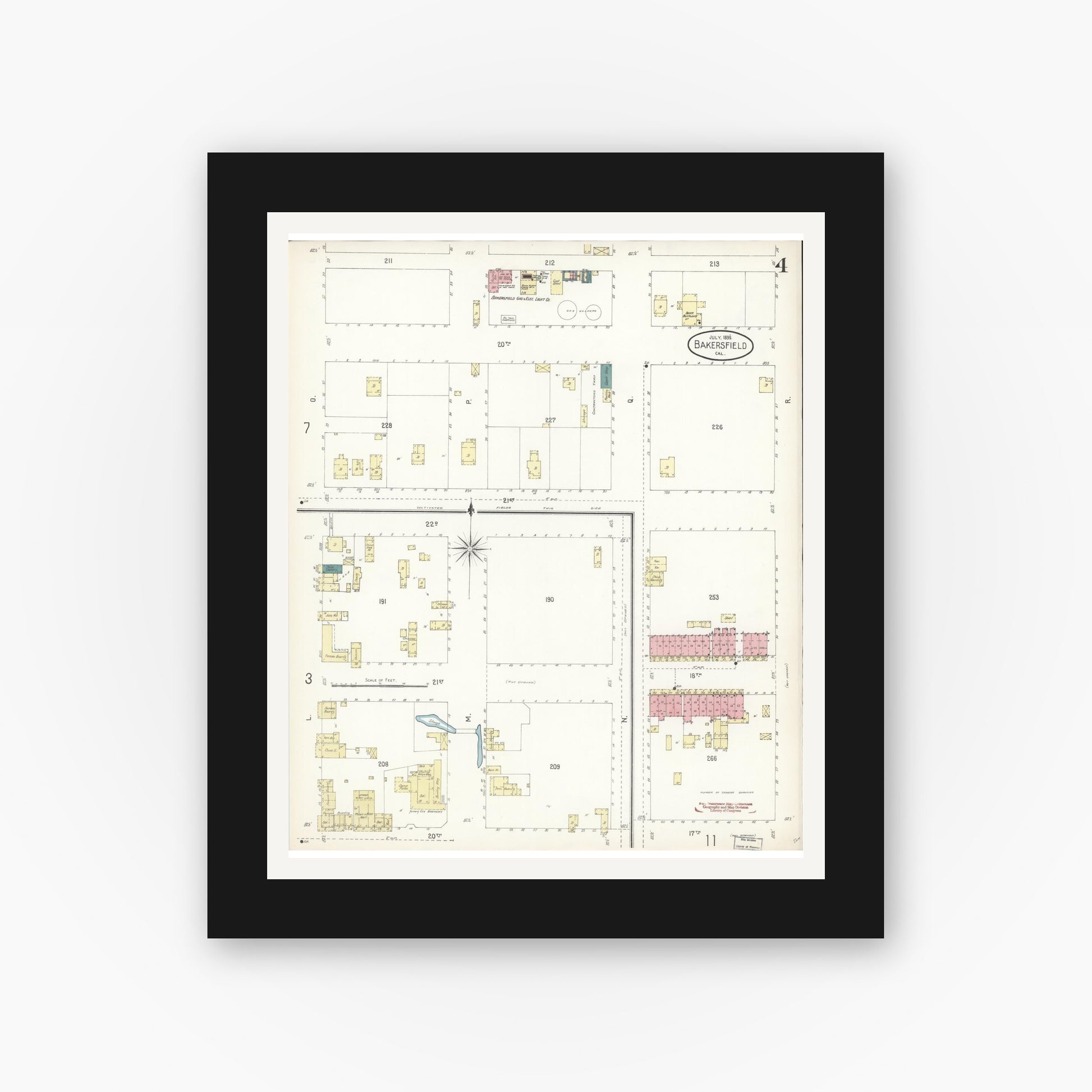 Old map wall art mockup — black gallery frame with white mat — Sanborn Fire Insurance Map from Bakersfield, Kern County, California (1899), Sheet #0004