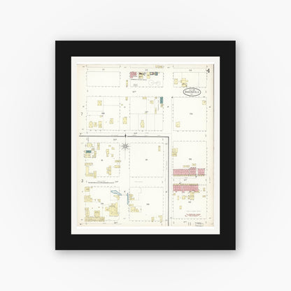 Old map wall art mockup — black gallery frame with white mat — Sanborn Fire Insurance Map from Bakersfield, Kern County, California (1899), Sheet #0004