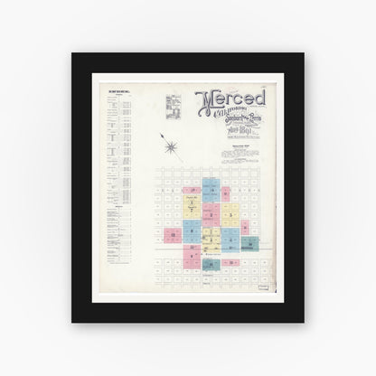 Old map wall art mockup — black gallery frame with white mat — Sanborn Fire Insurance Map from Merced, Merced County, California (1891), Sheet #0001