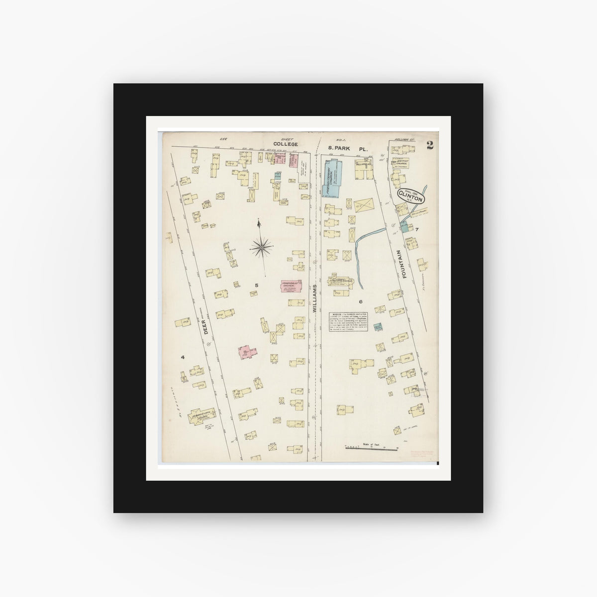 Old map wall art mockup — black gallery frame with white mat — Sanborn Fire Insurance Map from Clinton, Oneida County, New York (1884), Sheet #0002