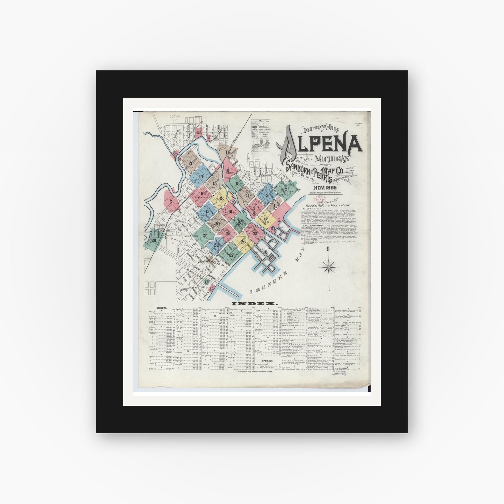 Old map wall art mockup — black gallery frame with white mat — Sanborn Fire Insurance Map from Alpena, Alpena County, Michigan (1895) - Complete Map Set