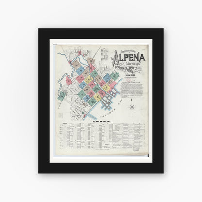 Old map wall art mockup — black gallery frame with white mat — Sanborn Fire Insurance Map from Alpena, Alpena County, Michigan (1895) - Complete Map Set