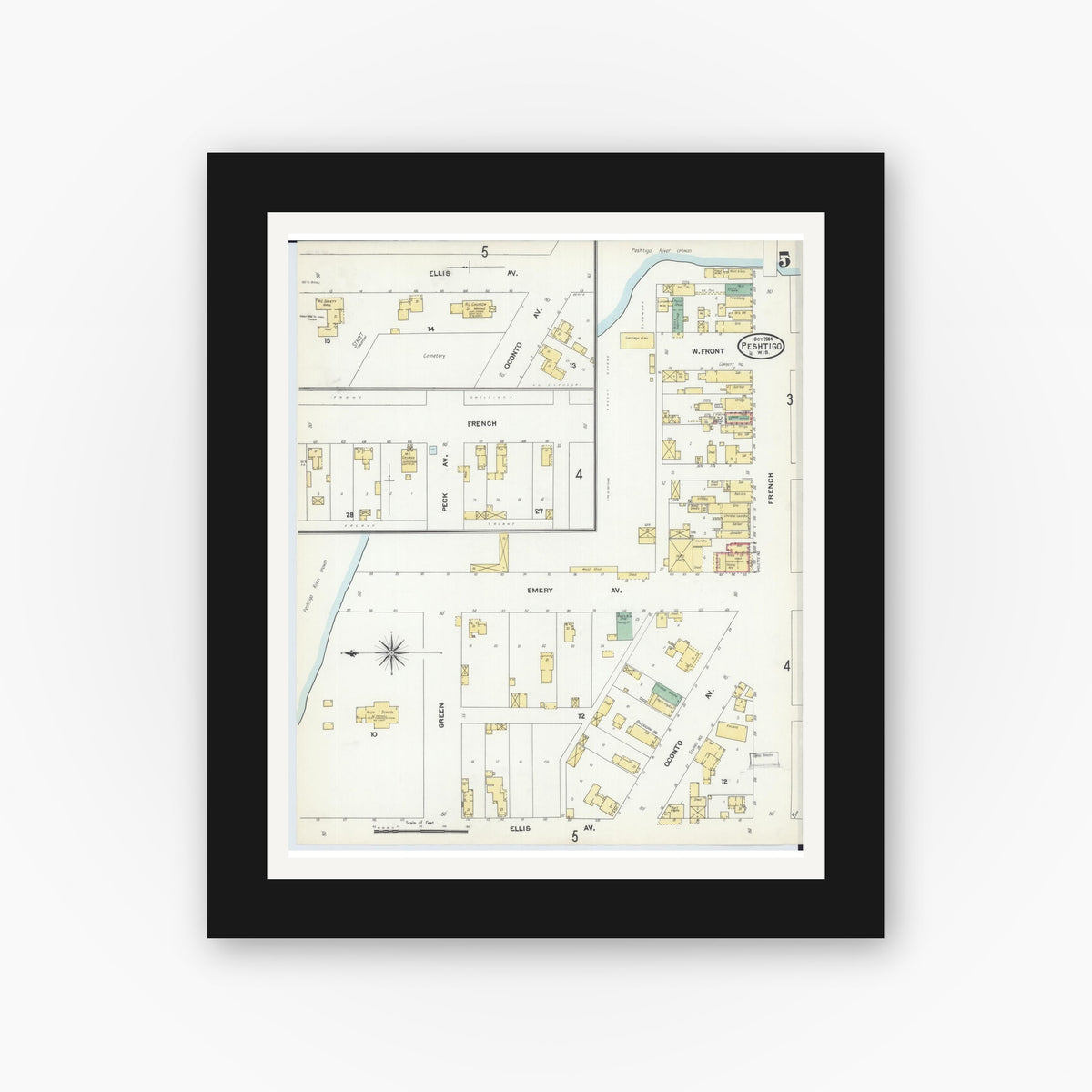 Old map wall art mockup — black gallery frame with white mat — Sanborn Fire Insurance Map from Peshtigo, Marinette County, Wisconsin (1904), Sheet #0005