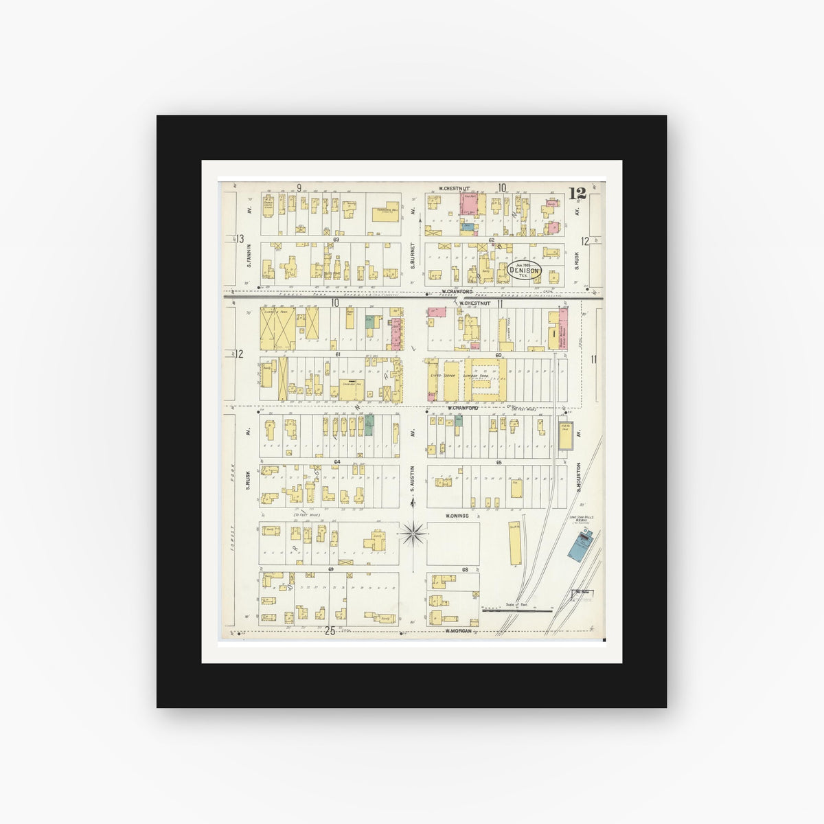 Old map wall art mockup — black gallery frame with white mat — Sanborn Fire Insurance Map from Denison, Grayson County, Texas (1903), Sheet #0012
