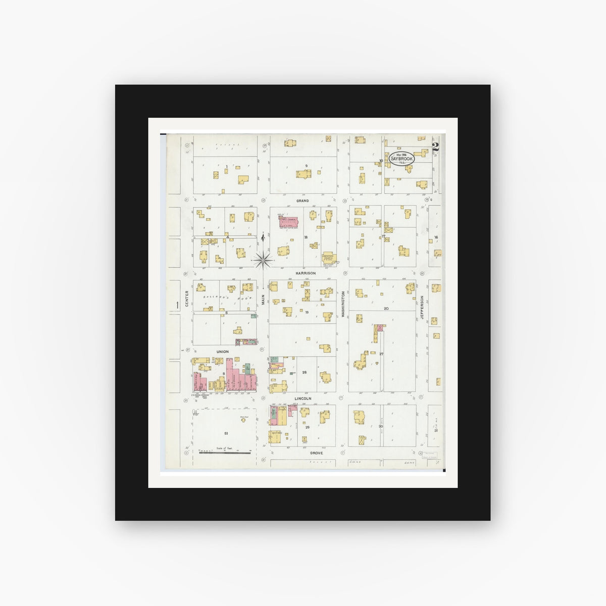 Old map wall art mockup — black gallery frame with white mat — Sanborn Fire Insurance Map from Saybrook, McLean County, Illinois (1906), Sheet #0002