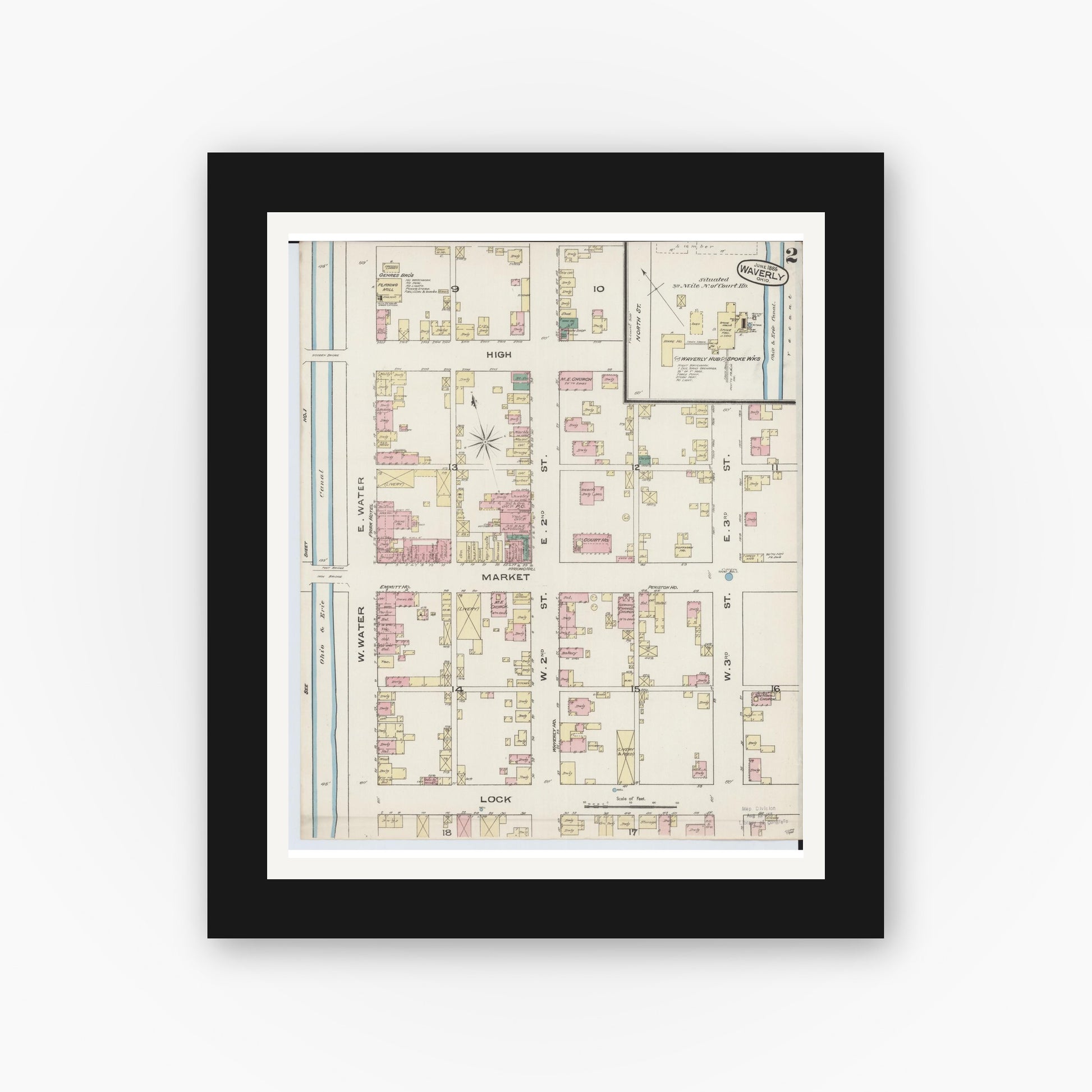 Old map wall art mockup — black gallery frame with white mat — Sanborn Fire Insurance Map from Waverly, Pike County, Ohio (1885), Sheet #0002
