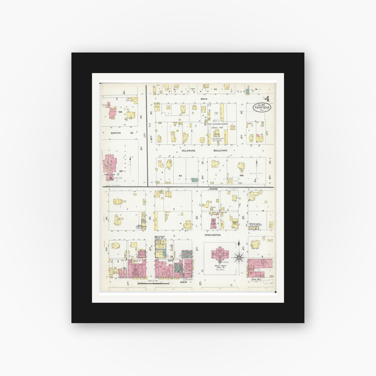 Old map wall art mockup — black gallery frame with white mat — Sanborn Fire Insurance Map from Fairfield, Wayne County, Illinois (1907), Sheet #0004