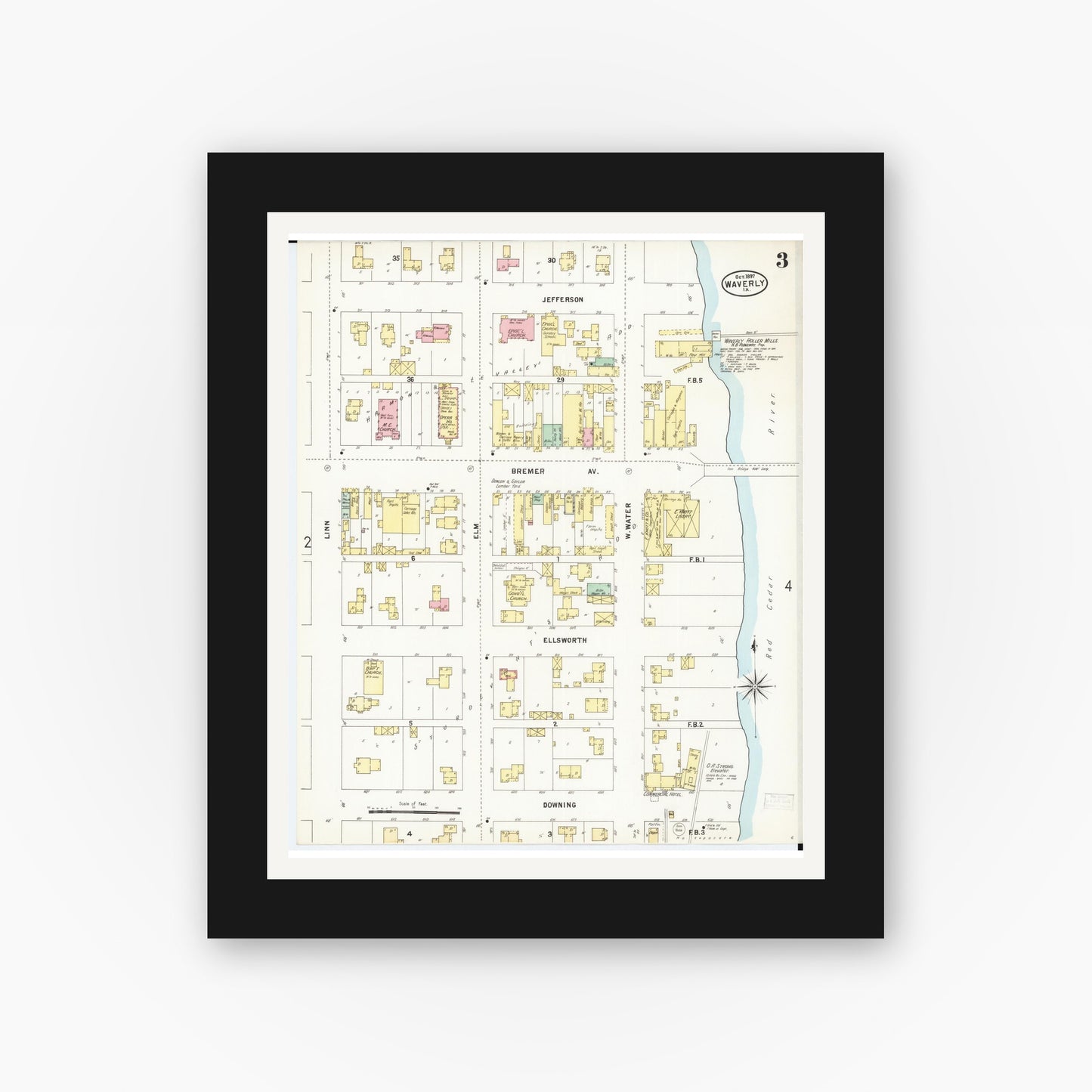 Old map wall art mockup — black gallery frame with white mat — Sanborn Fire Insurance Map from Waverly, Bremer County, Iowa (1897), Sheet #0003