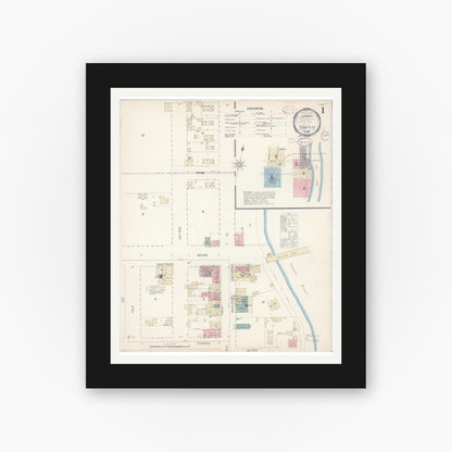 Old map wall art mockup — black gallery frame with white mat — Sanborn Fire Insurance Map from Yuba City, Sutter County, California (1899) - Complete Map Set