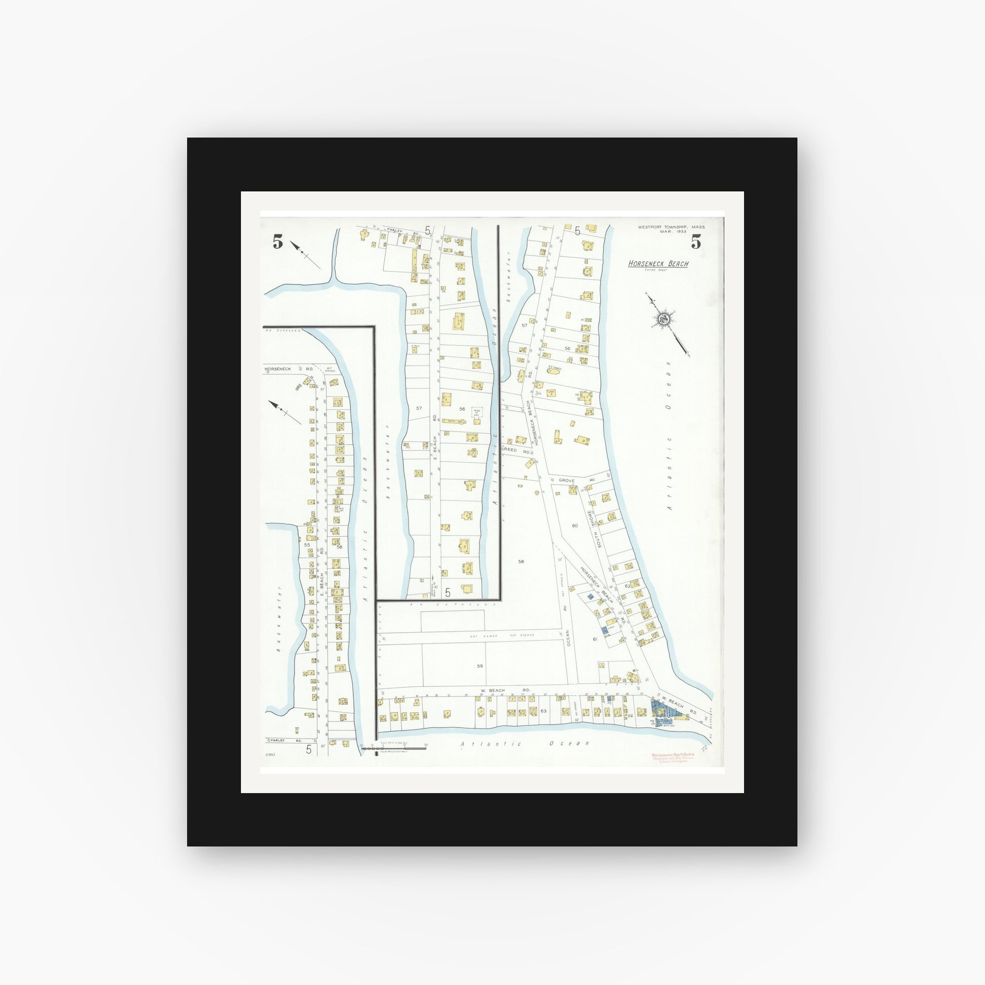 Old map wall art mockup — black gallery frame with white mat — Sanborn Fire Insurance Map from Westport Township, Bristol County, Massachusetts (1933), Sheet #0005