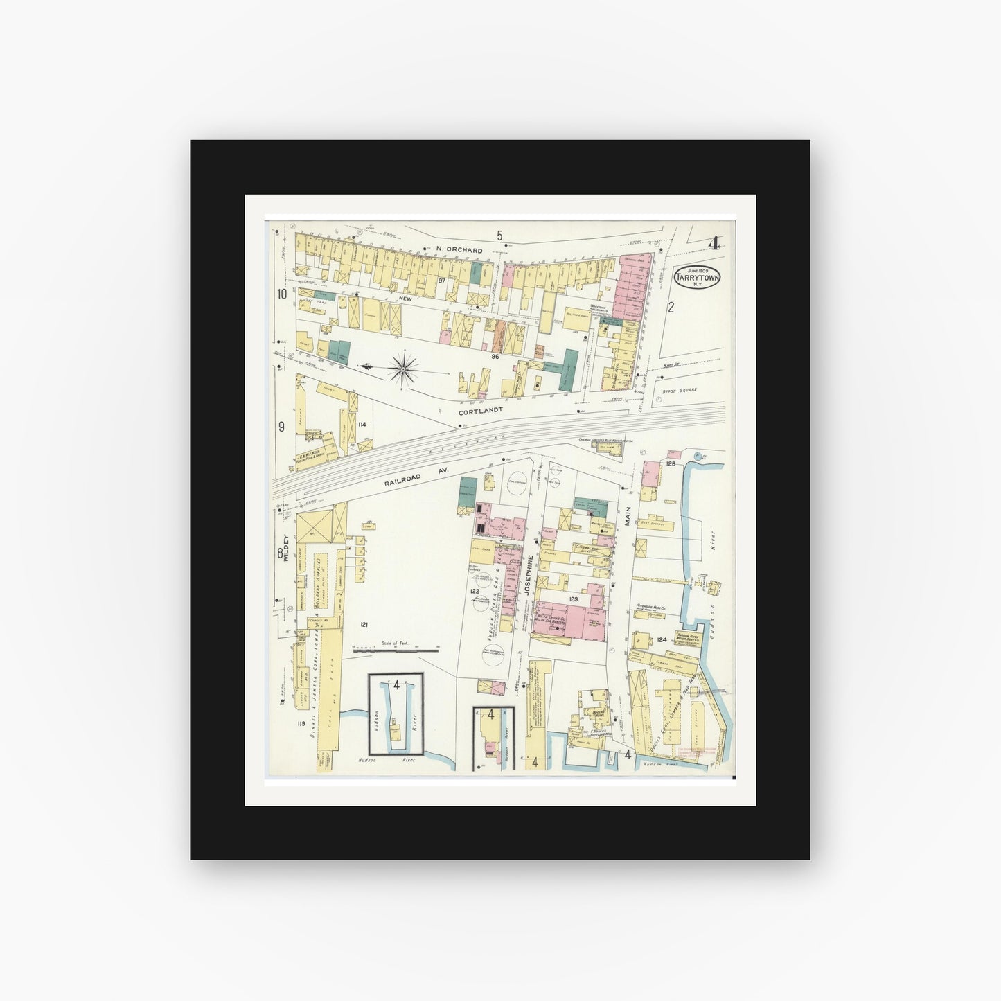 Old map wall art mockup — black gallery frame with white mat — Sanborn Fire Insurance Map from Tarrytown, Westchester County, New York (1909), Sheet #0004
