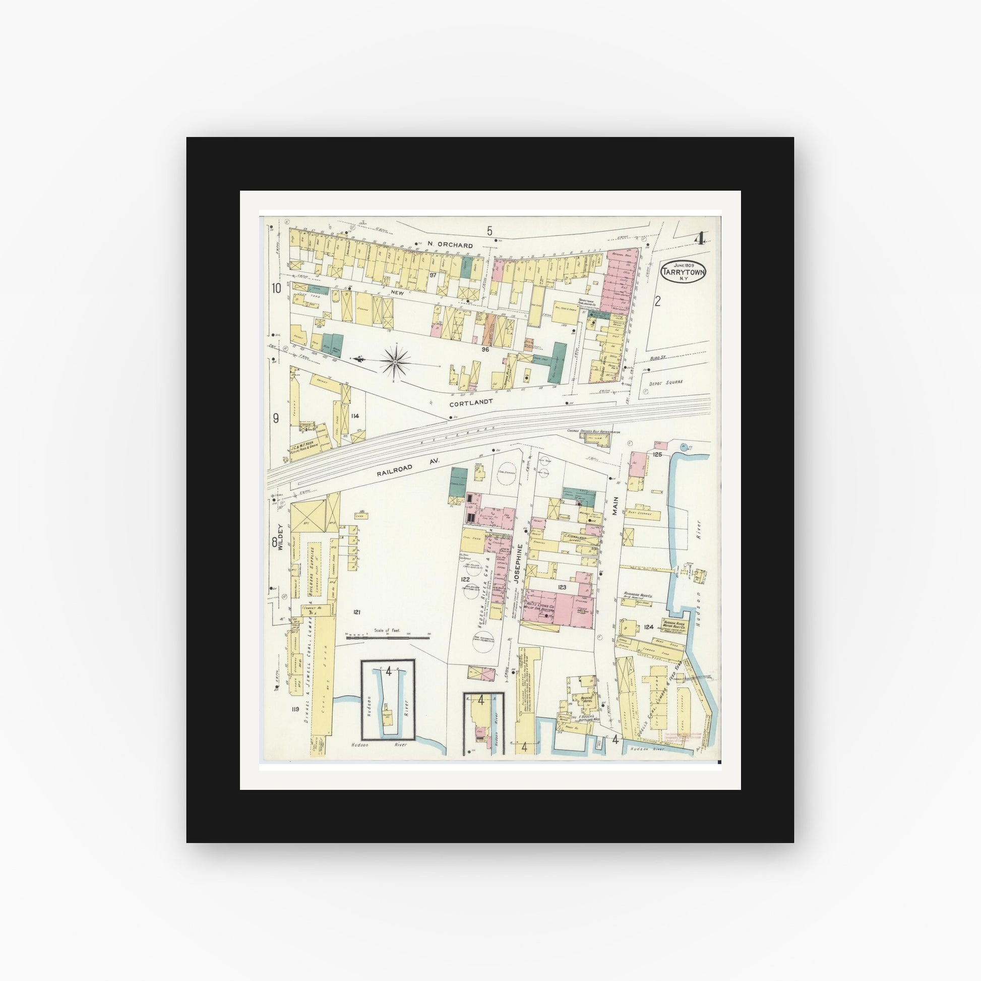 Old map wall art mockup — black gallery frame with white mat — Sanborn Fire Insurance Map from Tarrytown, Westchester County, New York (1909), Sheet #0004