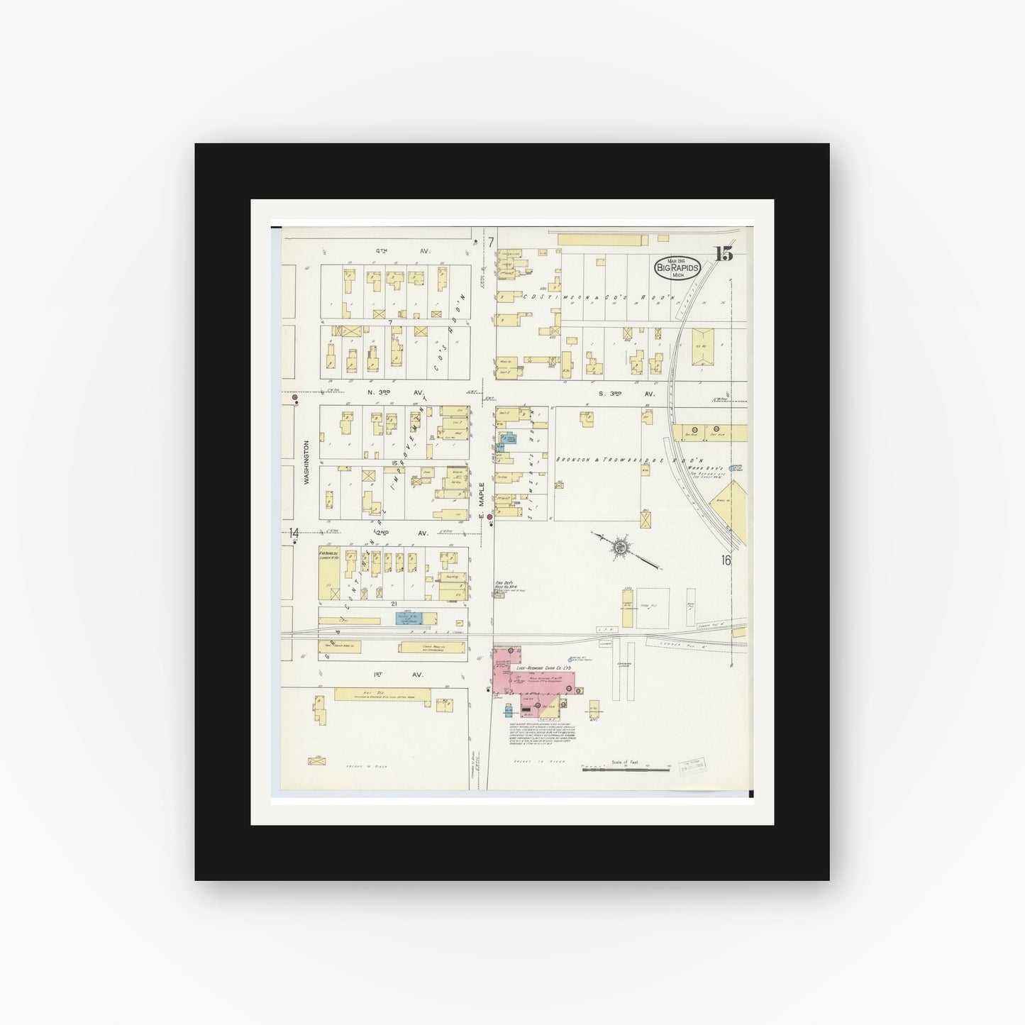 Old map wall art mockup — black gallery frame with white mat — Sanborn Fire Insurance Map from Big Rapids, Mecosta County, Michigan (1914), Sheet #0015
