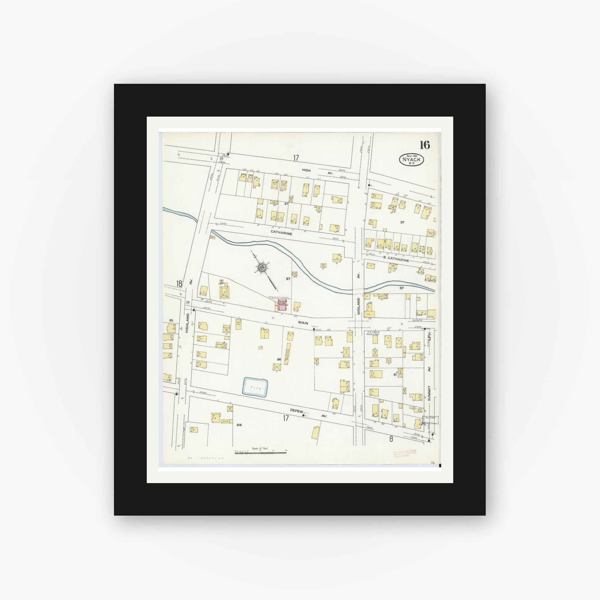 Old map wall art mockup — black gallery frame with white mat — Sanborn Fire Insurance Map from Nyack, Rockland County, New York. (1910), Sheet #0016