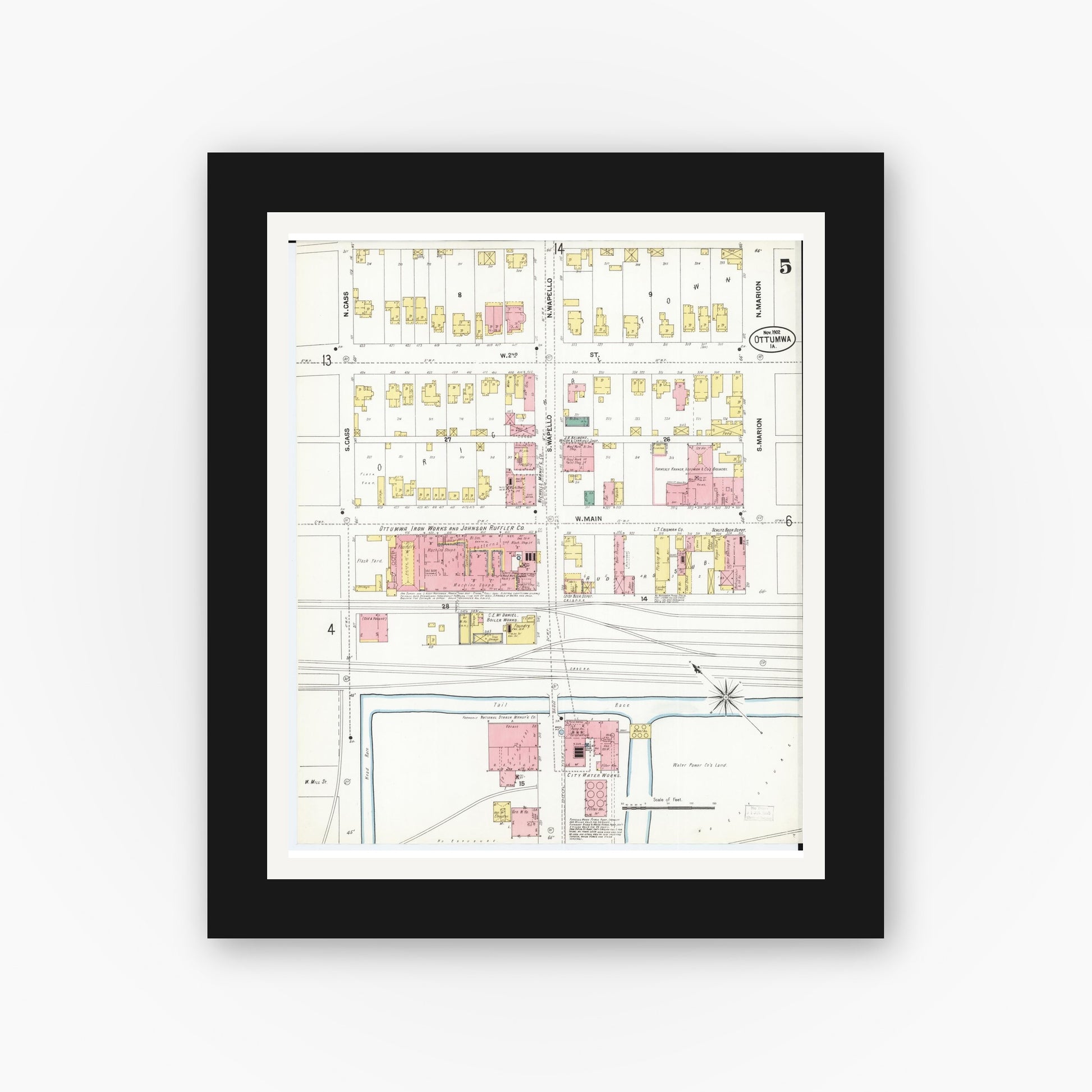 Old map wall art mockup — black gallery frame with white mat — Sanborn Fire Insurance Map from Ottumwa, Wapello County, Iowa (1902), Sheet #0005