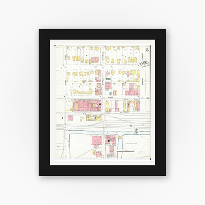 Old map wall art mockup — black gallery frame with white mat — Sanborn Fire Insurance Map from Ottumwa, Wapello County, Iowa (1902), Sheet #0005