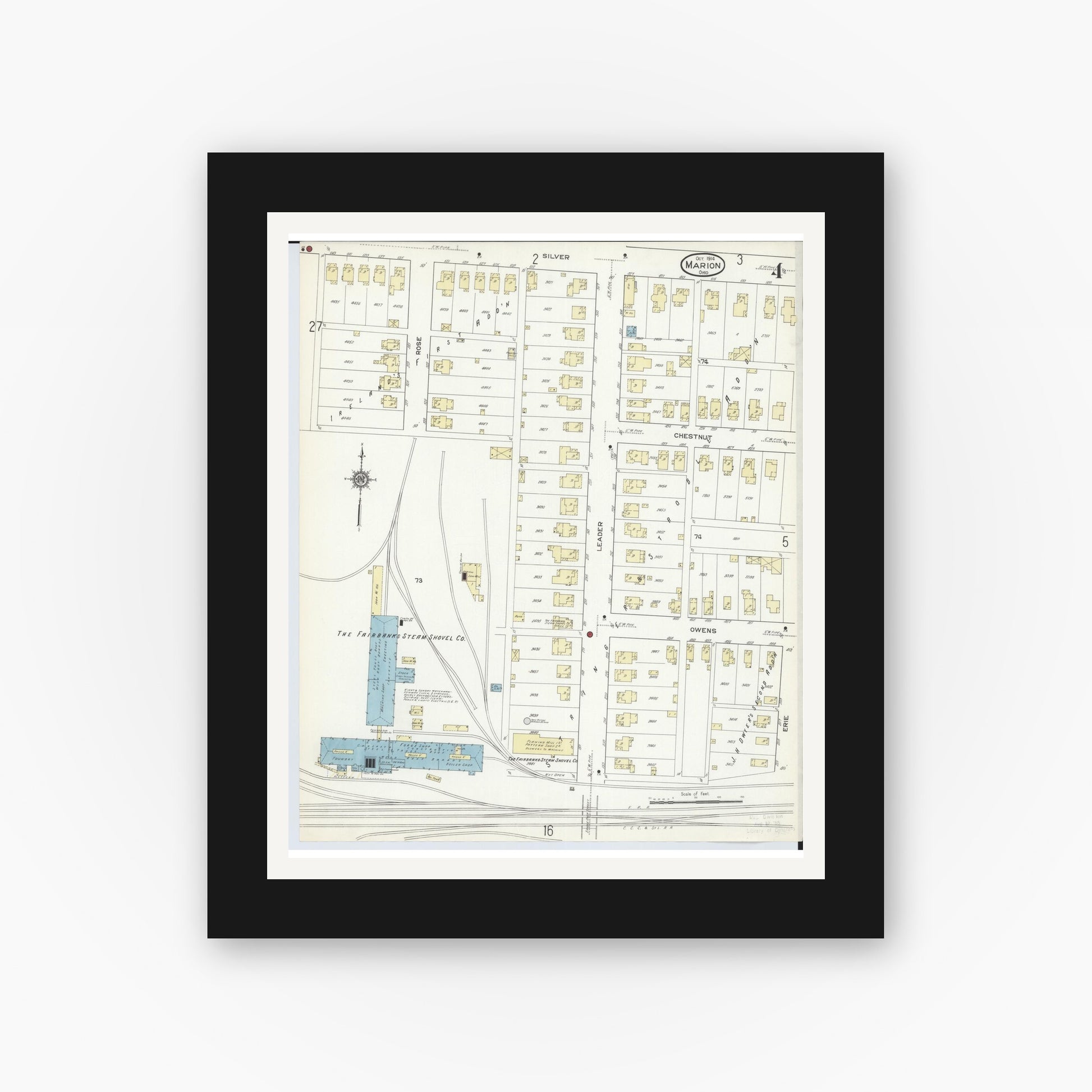 Old map wall art mockup — black gallery frame with white mat — Sanborn Fire Insurance Map from Marion, Marion County, Ohio (1914), Sheet #0004