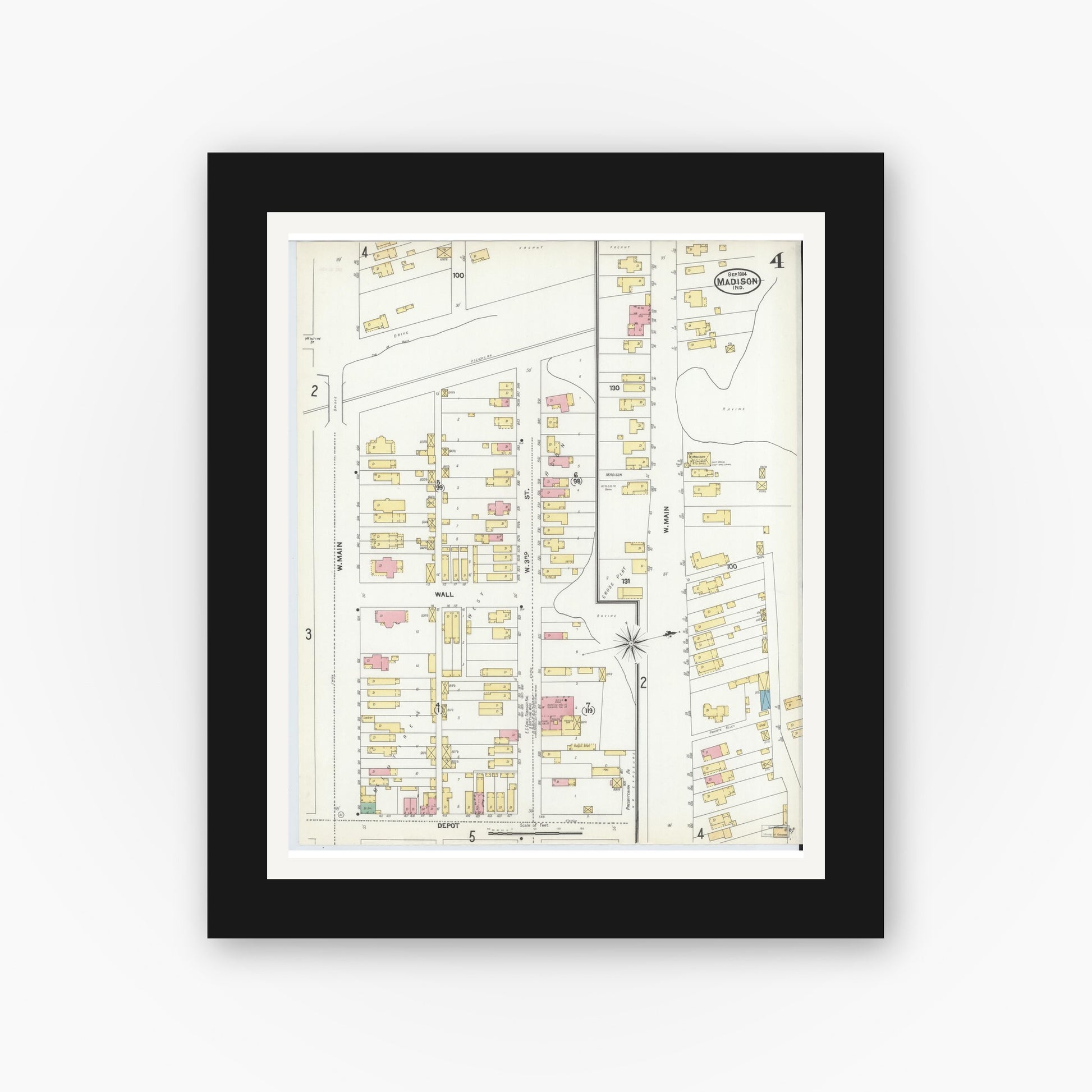 Old map wall art mockup — black gallery frame with white mat — Sanborn Fire Insurance Map from Madison, Jefferson County, Indiana (1904), Sheet #0004