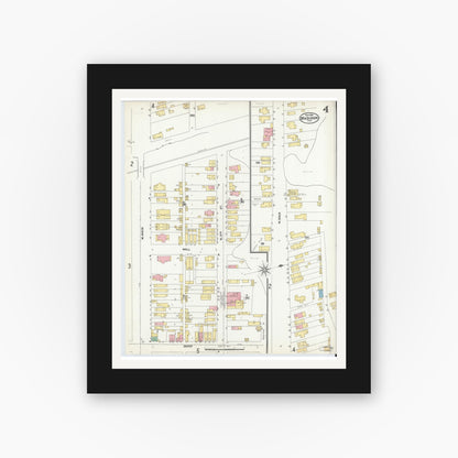 Old map wall art mockup — black gallery frame with white mat — Sanborn Fire Insurance Map from Madison, Jefferson County, Indiana (1904), Sheet #0004