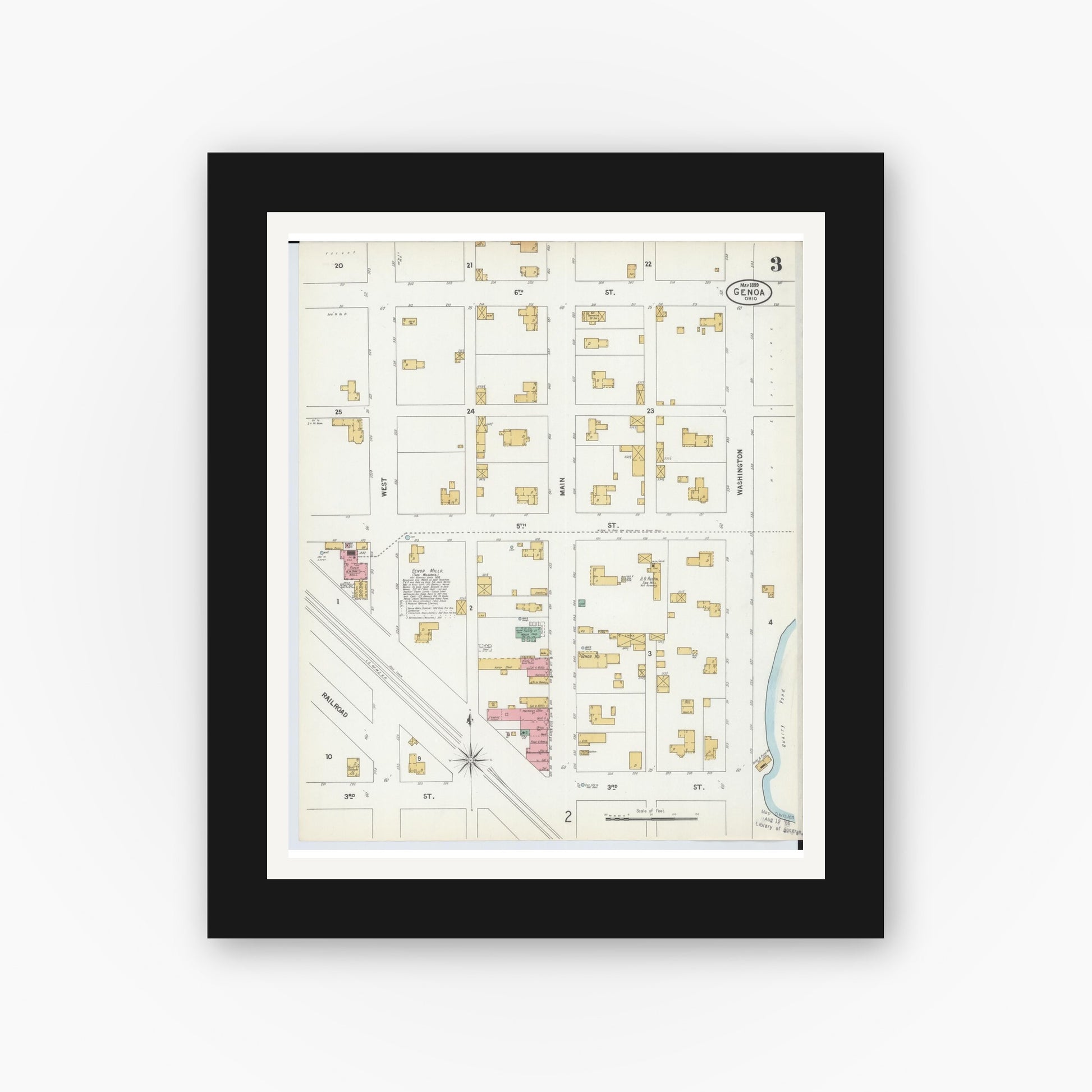Old map wall art mockup — black gallery frame with white mat — Sanborn Fire Insurance Map from Genoa, Ottawa County, Ohio (1899), Sheet #0003