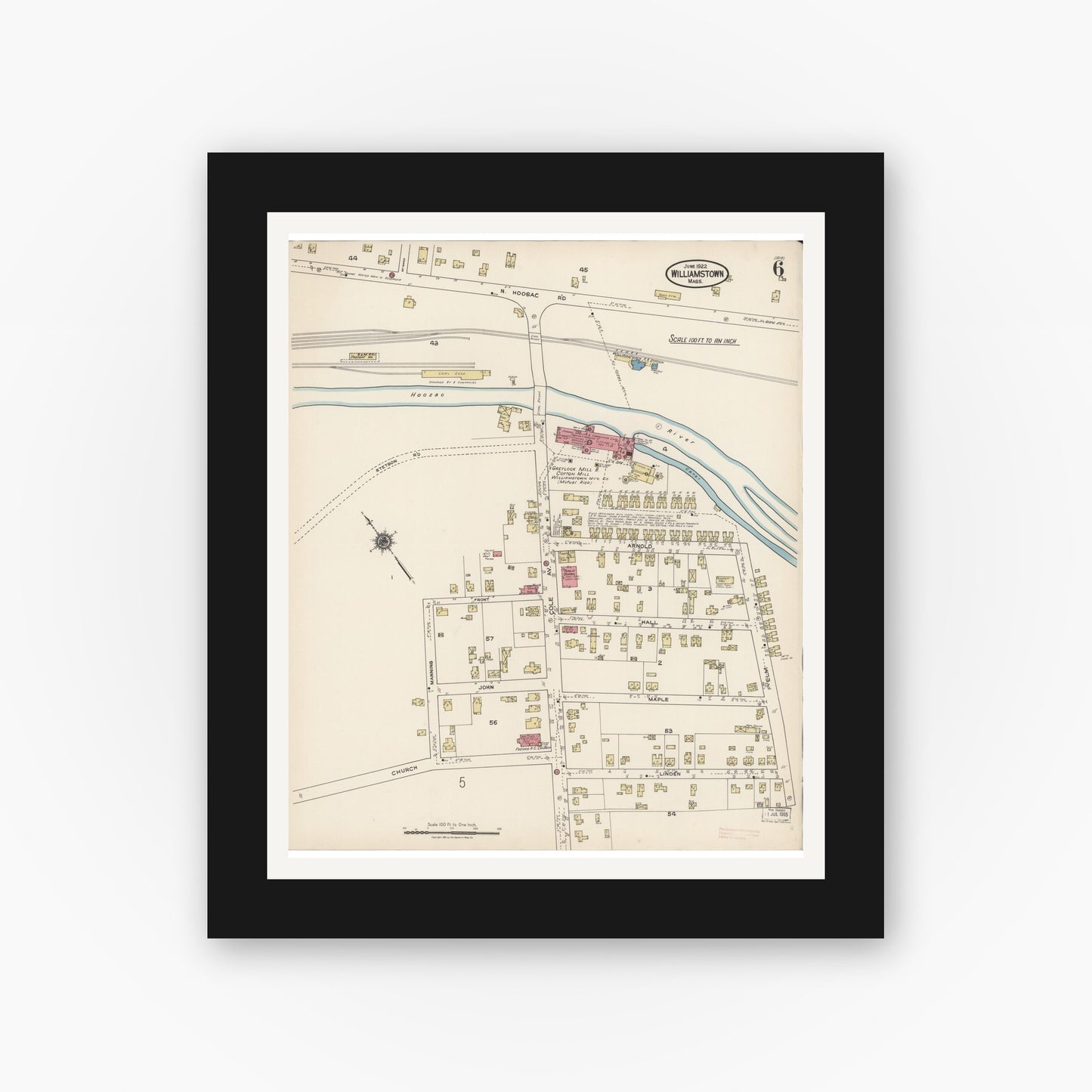 Old map wall art mockup — black gallery frame with white mat — Sanborn Fire Insurance Map from Williamstown, Berkshire County, Massachusetts (1922), Sheet #0006