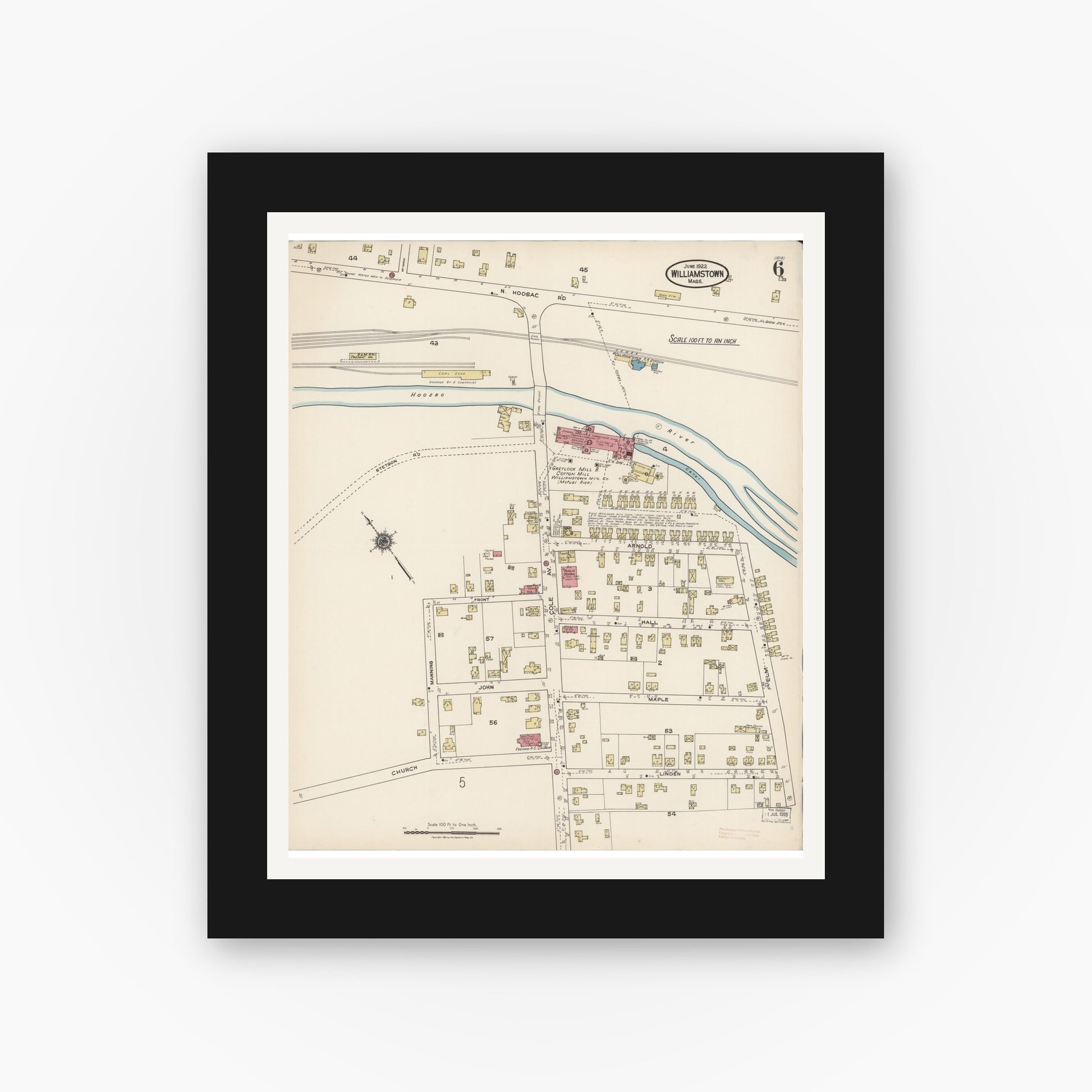 Old map wall art mockup — black gallery frame with white mat — Sanborn Fire Insurance Map from Williamstown, Berkshire County, Massachusetts (1922), Sheet #0006