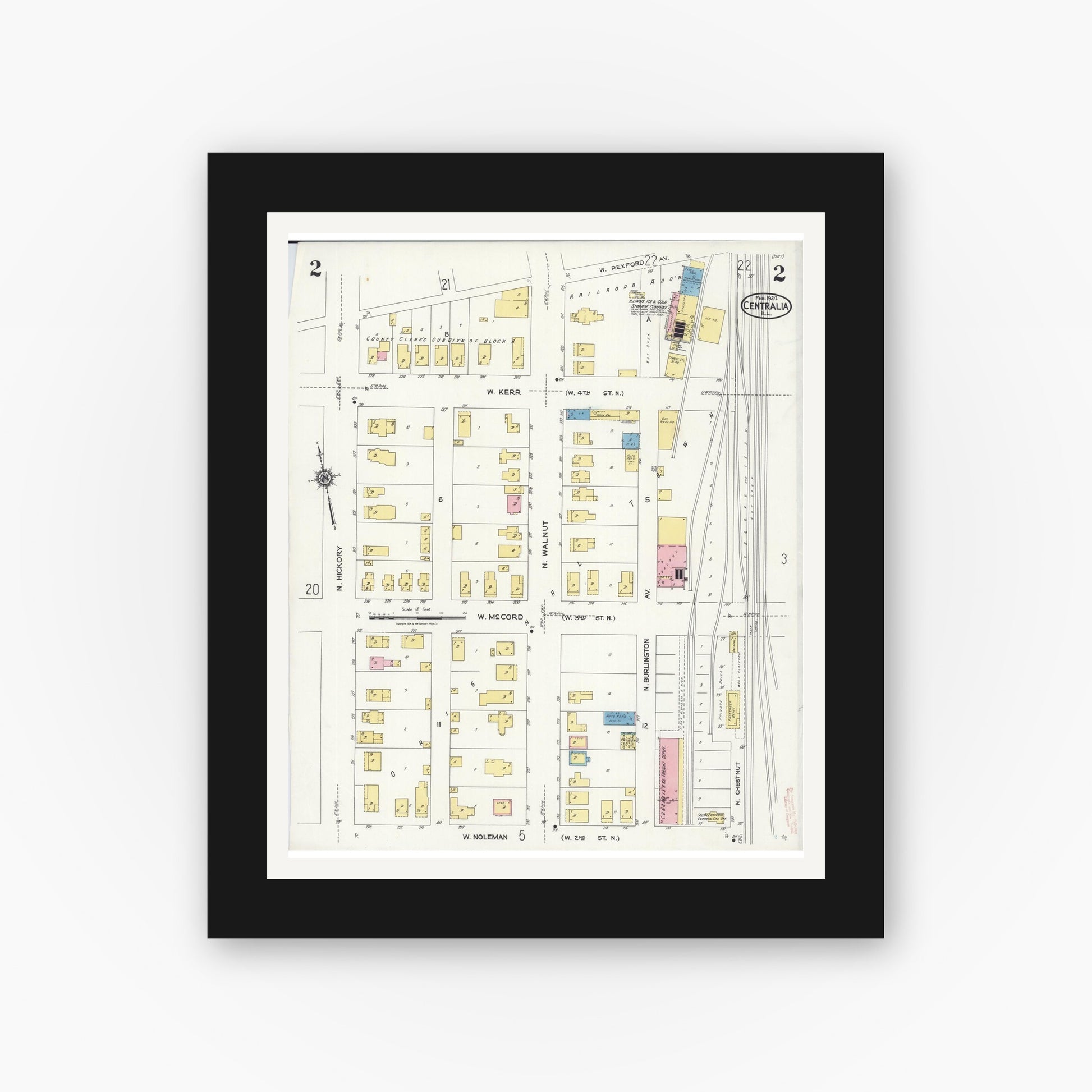 Old map wall art mockup — black gallery frame with white mat — Sanborn Fire Insurance Map from Centralia, Marion, Clinton, Jefferson, and Washington Counties, Illinois (1924), Sheet #0002