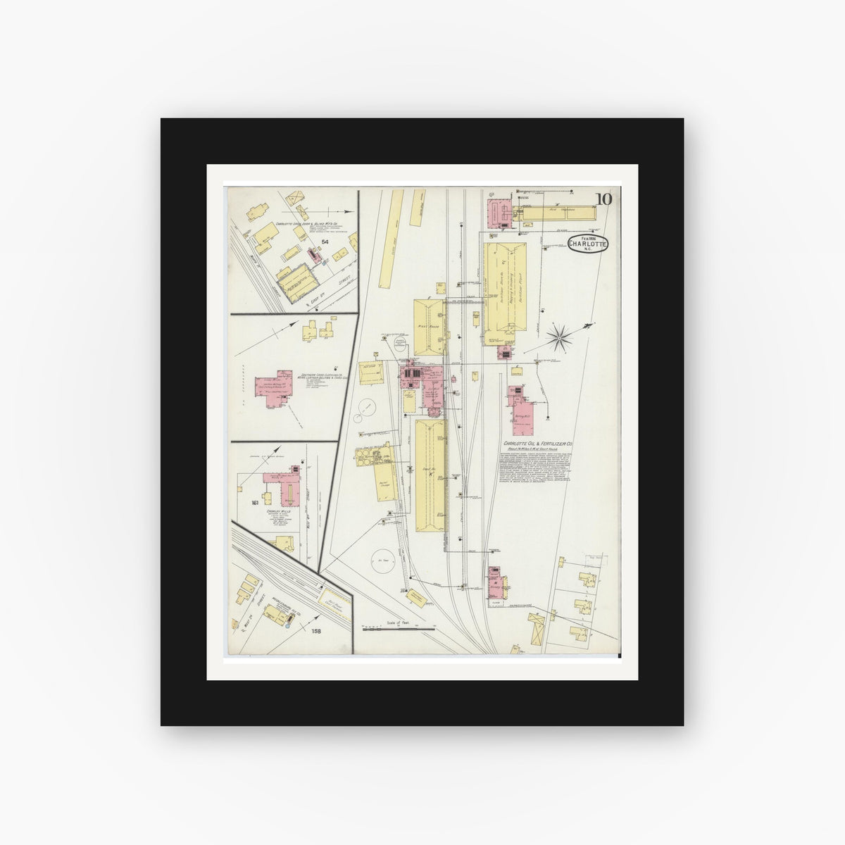 Old map wall art mockup — black gallery frame with white mat — Sanborn Fire Insurance Map from Charlotte, Mecklenburg County, North Carolina (1896), Sheet #0010
