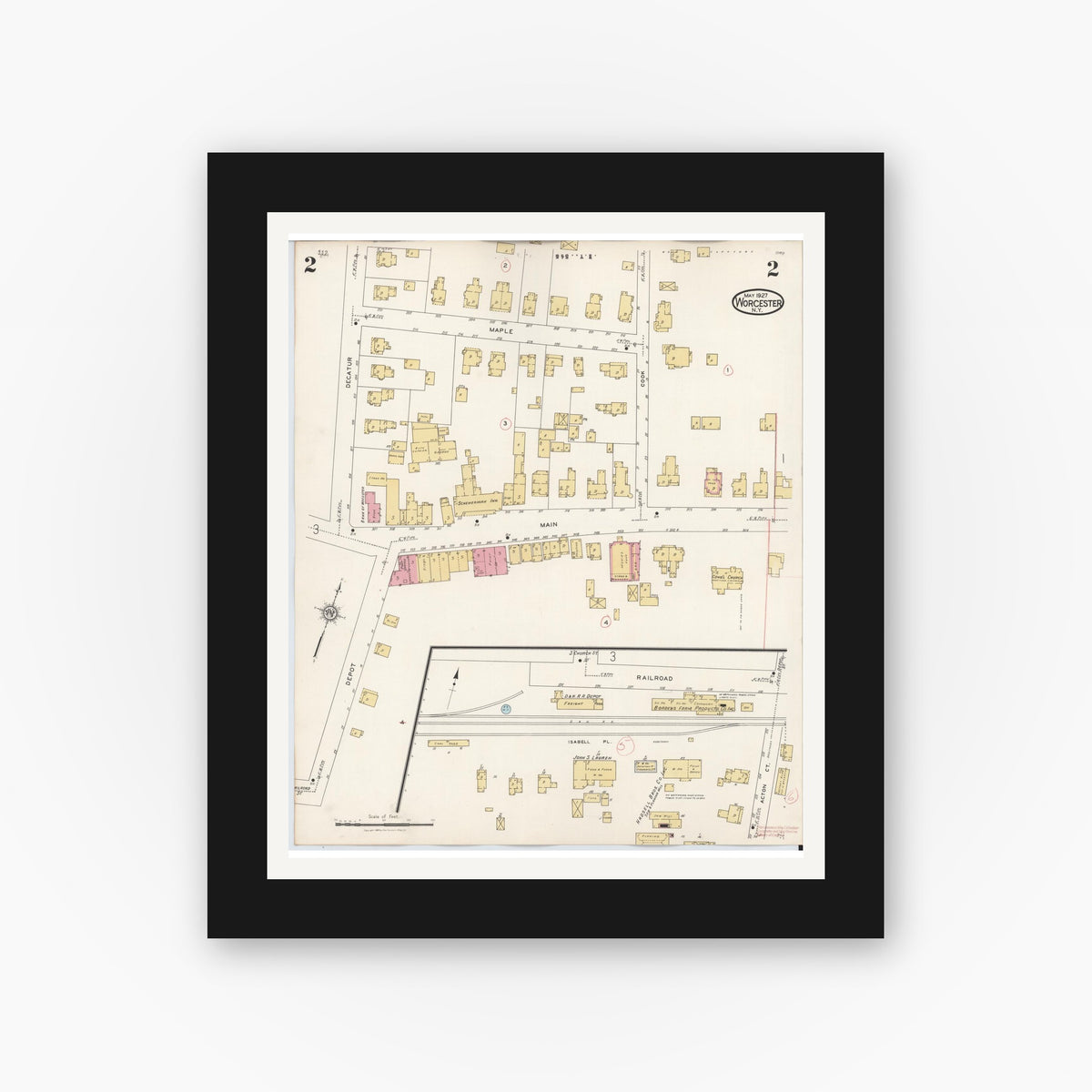 Old map wall art mockup — black gallery frame with white mat — Sanborn Fire Insurance Map from Worcester, Otsego County, New York (1927), Sheet #0002