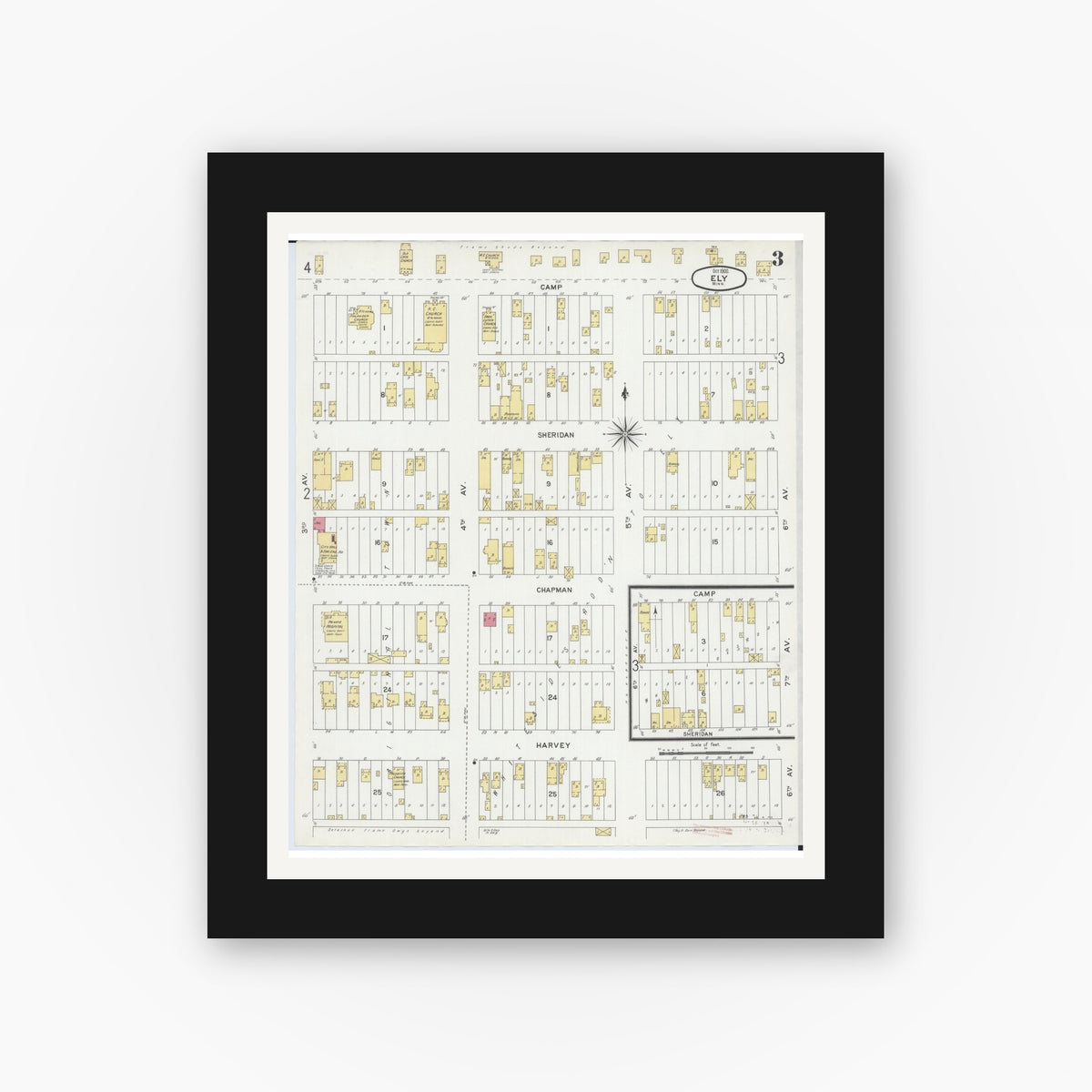Old map wall art mockup — black gallery frame with white mat — Sanborn Fire Insurance Map from Ely, Saint Louis County, Minnesota (1900), Sheet #0003