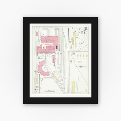 Old map wall art mockup — black gallery frame with white mat — Sanborn Fire Insurance Map from Urbana, Champaign County, Illinois (1909), Sheet #0014