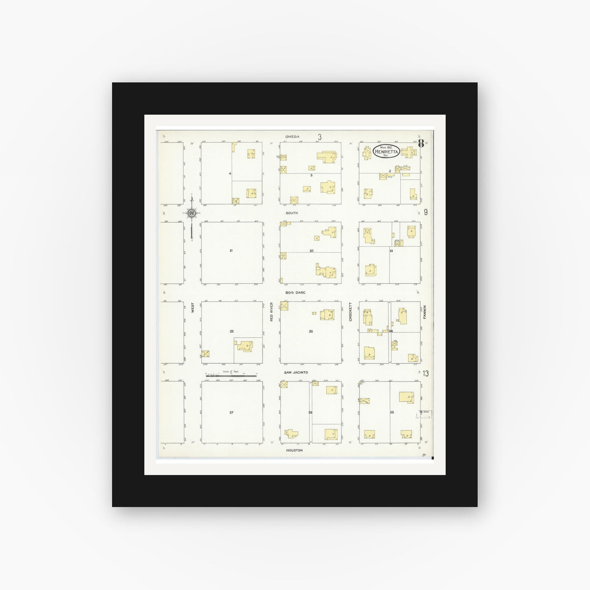 Old map wall art mockup — black gallery frame with white mat — Sanborn Fire Insurance Map from Henrietta, Clay County, Texas (1912), Sheet #0008