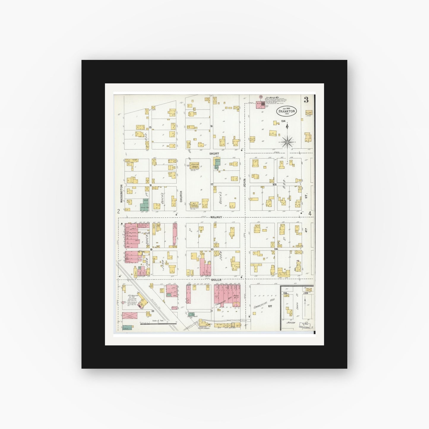 Old map wall art mockup — black gallery frame with white mat — Sanborn Fire Insurance Map from Frankton, Madison County, Indiana (1900), Sheet #0003