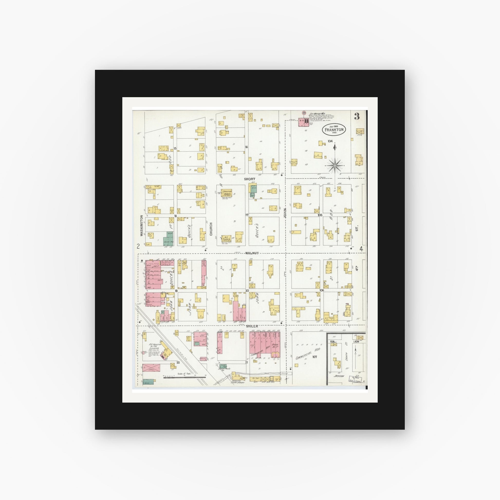 Old map wall art mockup — black gallery frame with white mat — Sanborn Fire Insurance Map from Frankton, Madison County, Indiana (1900), Sheet #0003