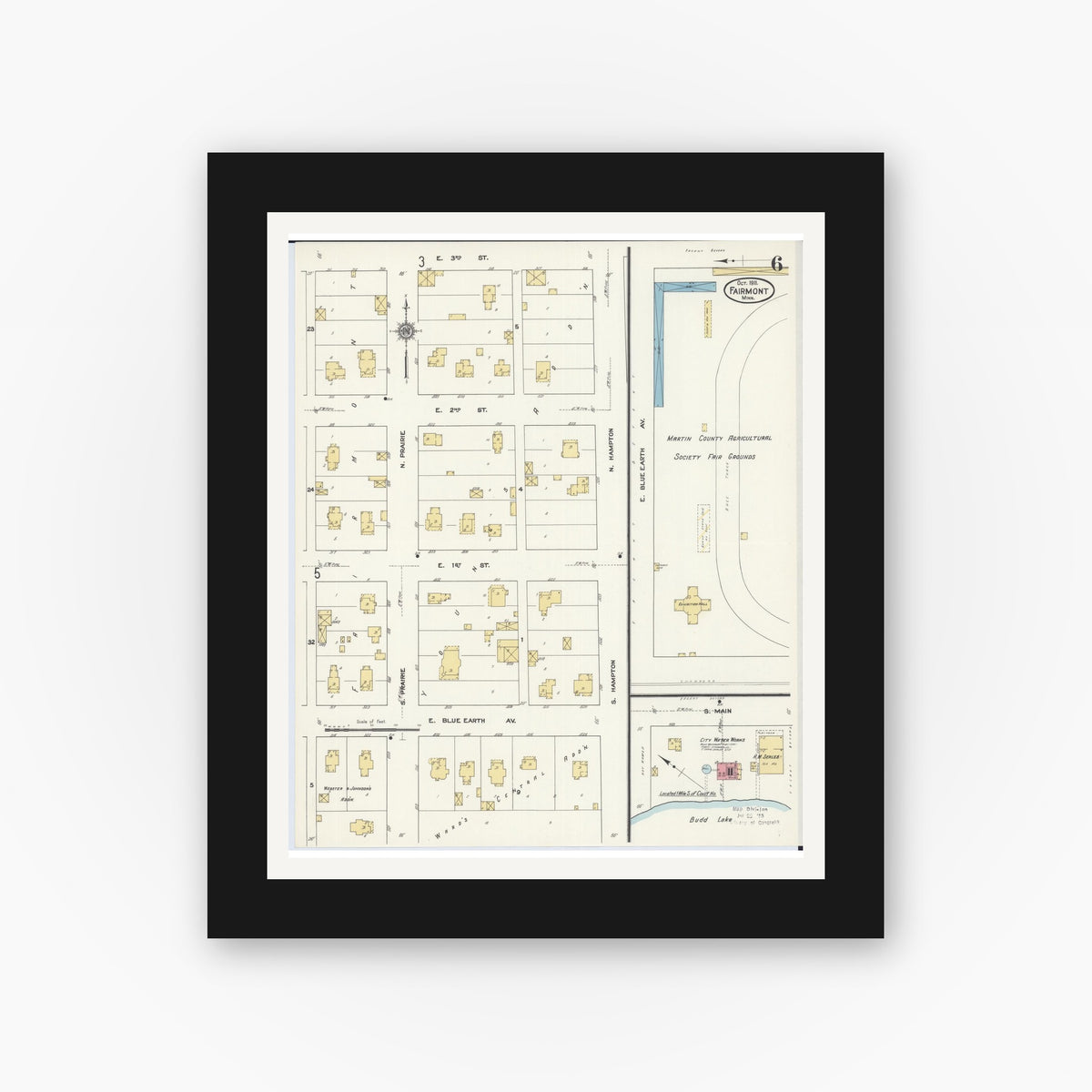 Old map wall art mockup — black gallery frame with white mat — Sanborn Fire Insurance Map from Fairmont, Martin County, Minnesota (1911), Sheet #0006