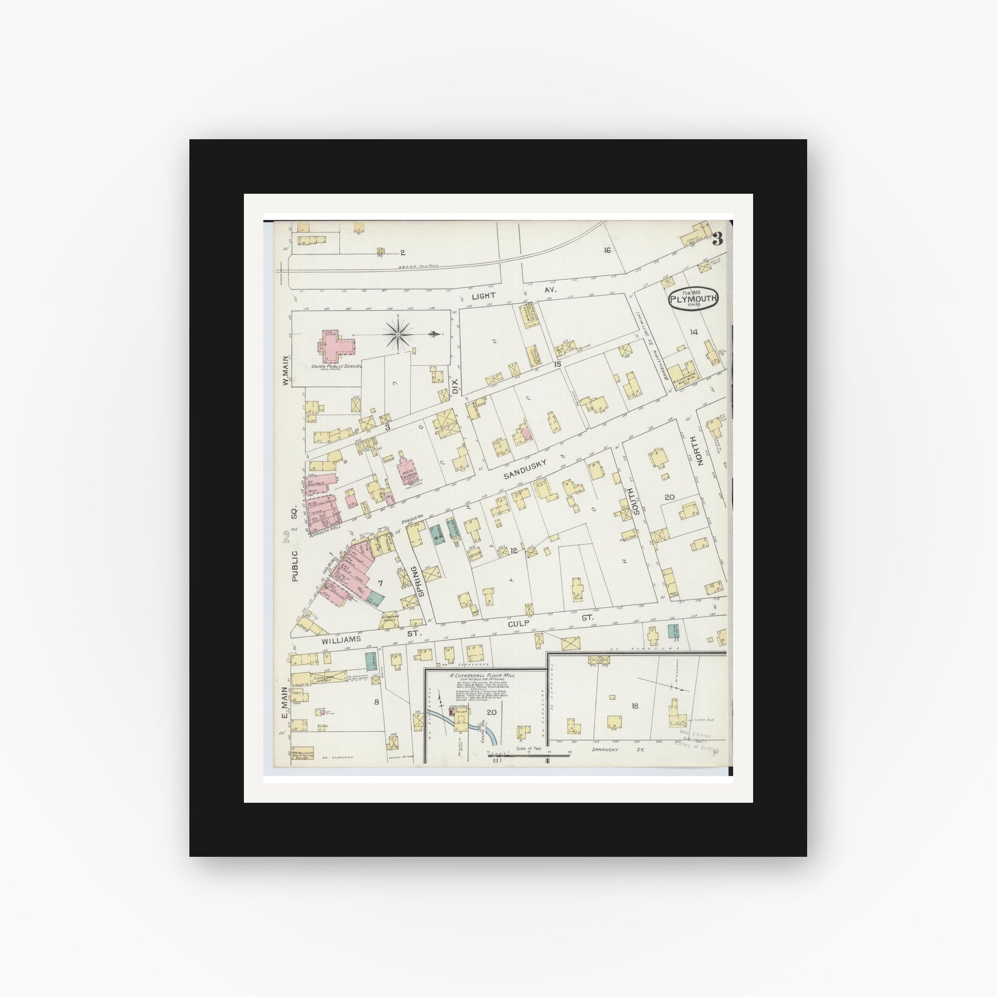 Old map wall art mockup — black gallery frame with white mat — Sanborn Fire Insurance Map from Plymouth, Huron And Richland Counties, Ohio (1893), Sheet #0003