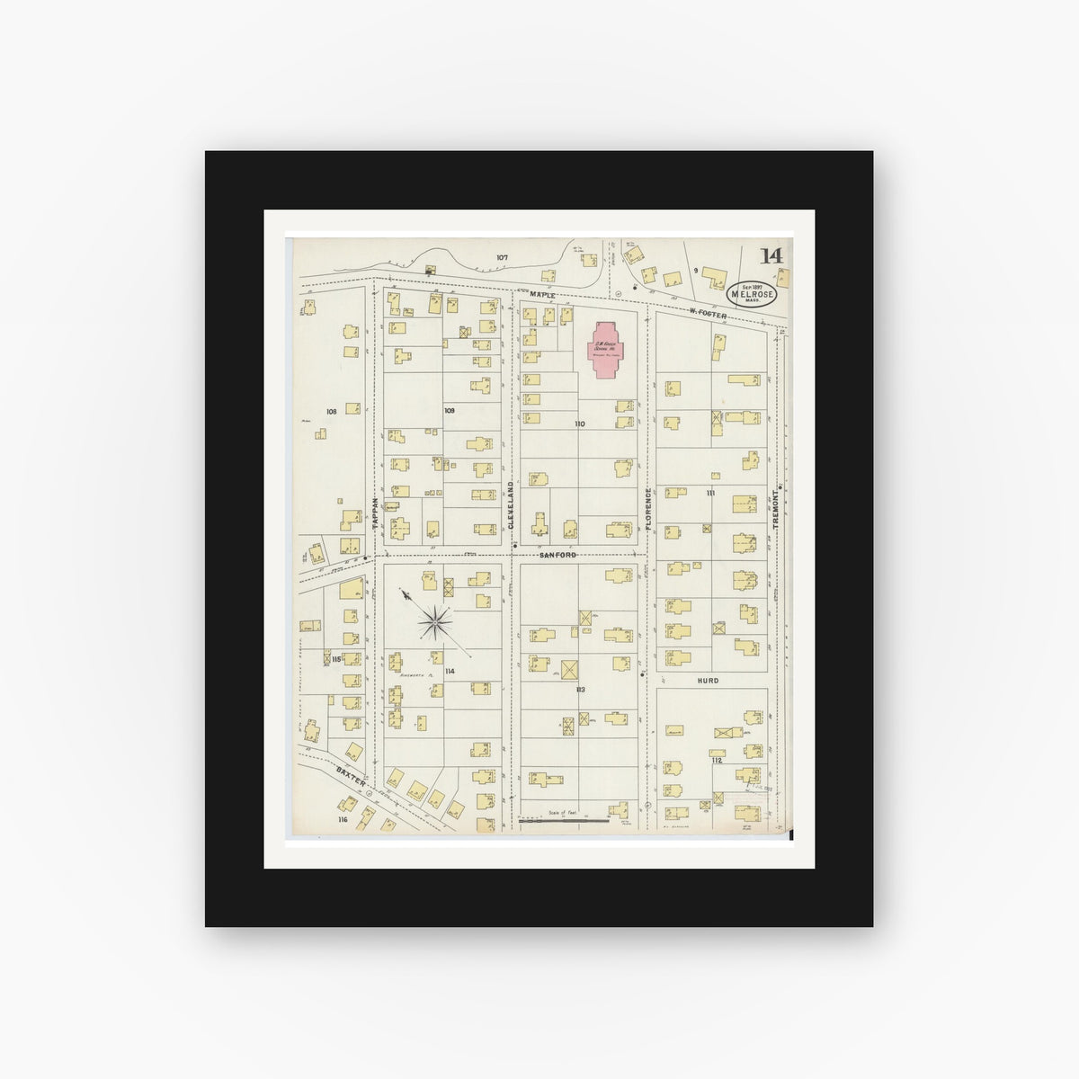 Old map wall art mockup — black gallery frame with white mat — Sanborn Fire Insurance Map from Melrose, Middlesex County, Massachusetts (1897), Sheet #0014