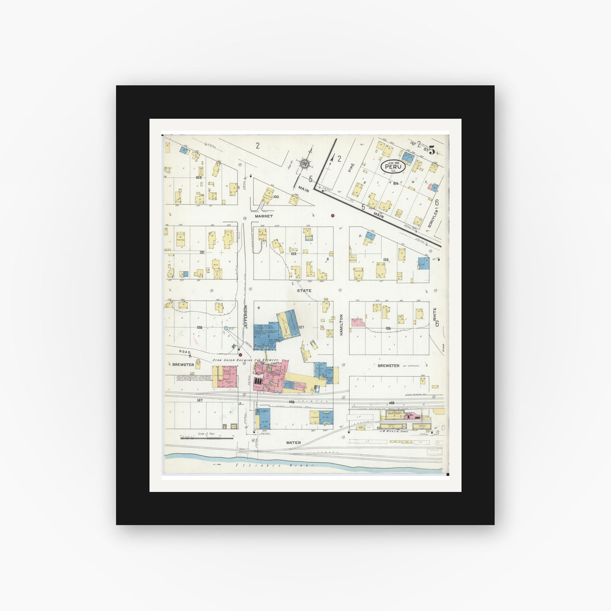 Old map wall art mockup — black gallery frame with white mat — Sanborn Fire Insurance Map from Peru, La Salle County, Illinois (1916), Sheet #0005
