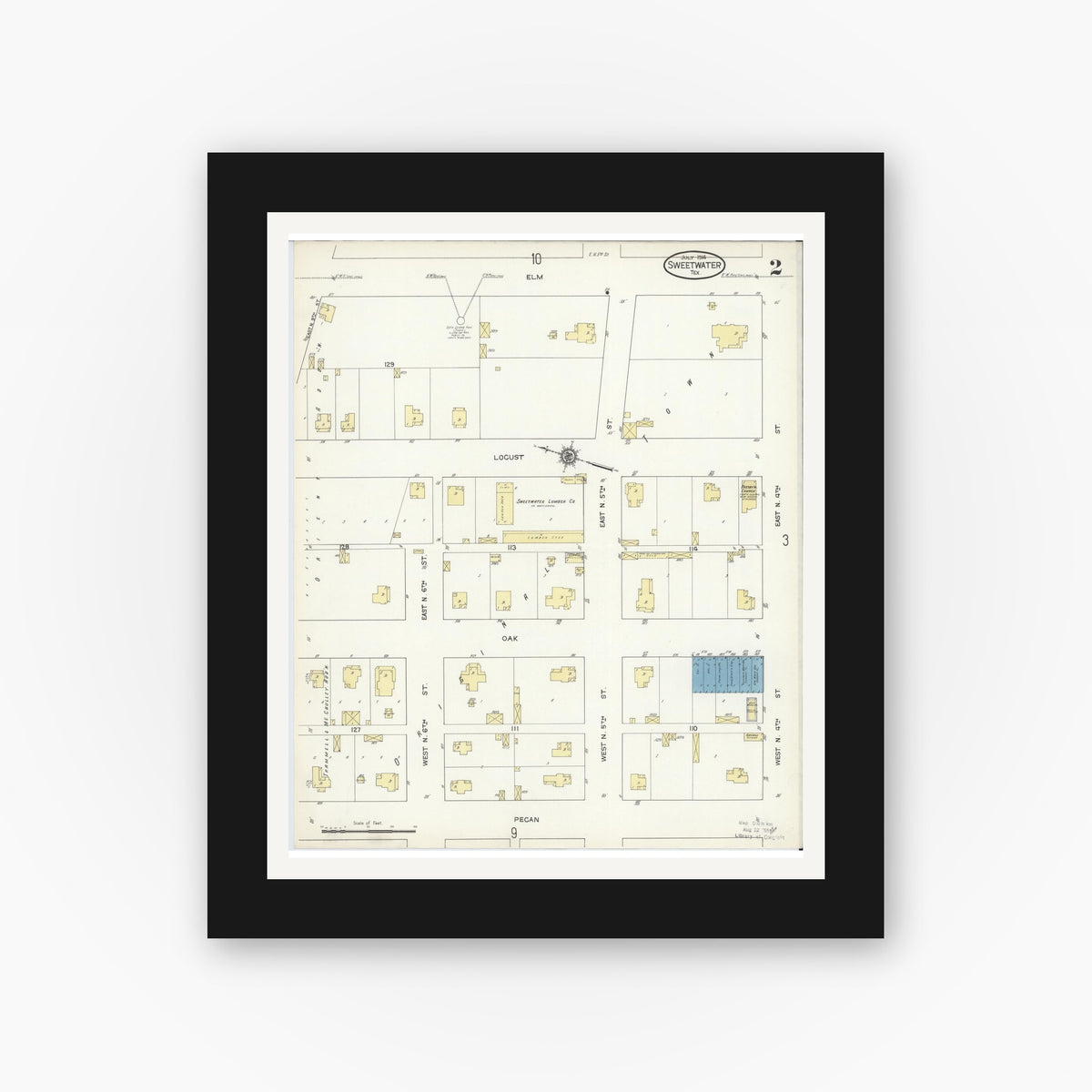 Old map wall art mockup — black gallery frame with white mat — Sanborn Fire Insurance Map from Sweetwater, Nolan County, Texas (1914), Sheet #0002