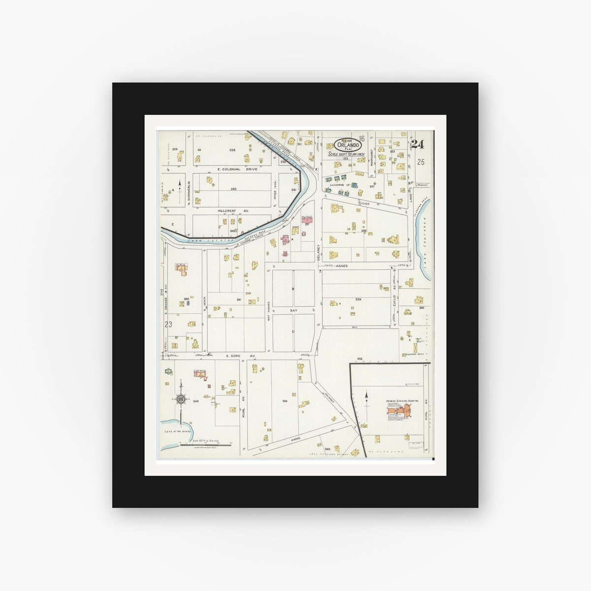 Old map wall art mockup — black gallery frame with white mat — Sanborn Fire Insurance Map from Orlando, Orange County, Florida (1919), Sheet #0024