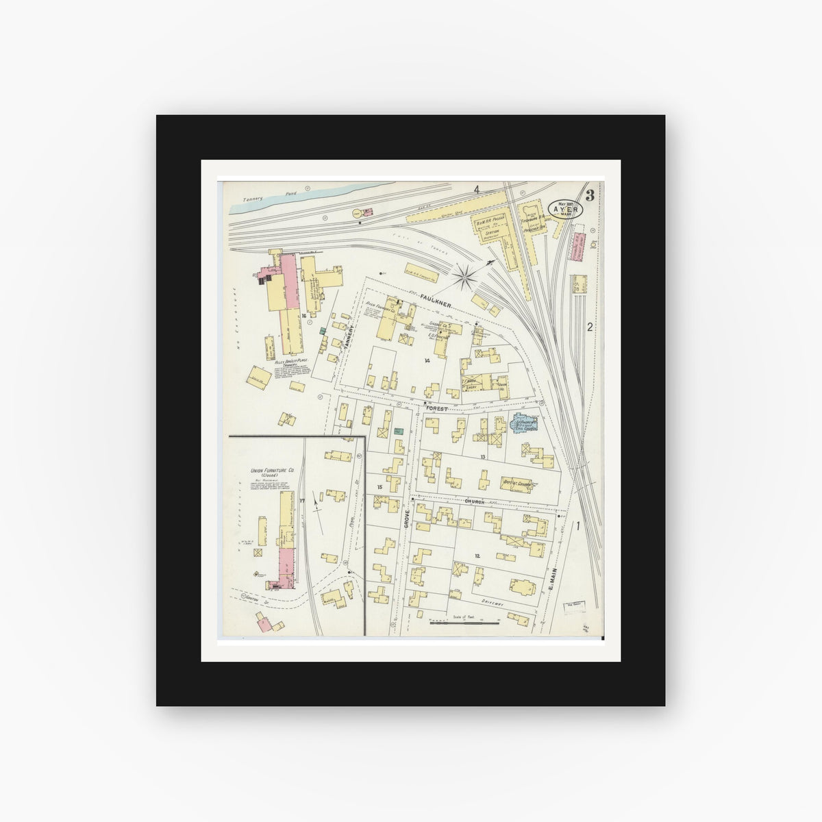 Old map wall art mockup — black gallery frame with white mat — Sanborn Fire Insurance Map from Ayer, Middlesex County, Massachusetts (1897), Sheet #0003
