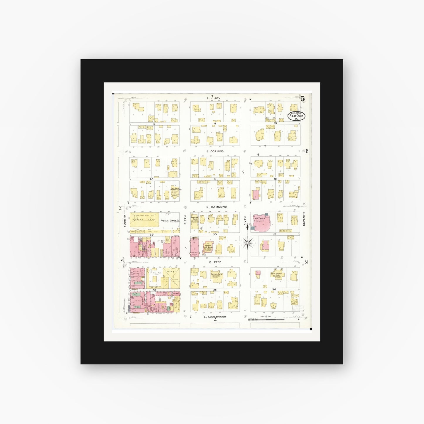 Old map wall art mockup — black gallery frame with white mat — Sanborn Fire Insurance Map from Red Oak, Montgomery County, Iowa (1908), Sheet #0005