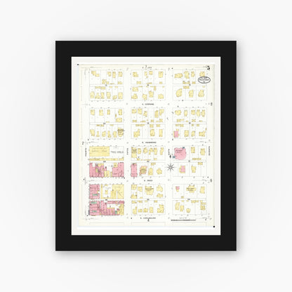 Old map wall art mockup — black gallery frame with white mat — Sanborn Fire Insurance Map from Red Oak, Montgomery County, Iowa (1908), Sheet #0005