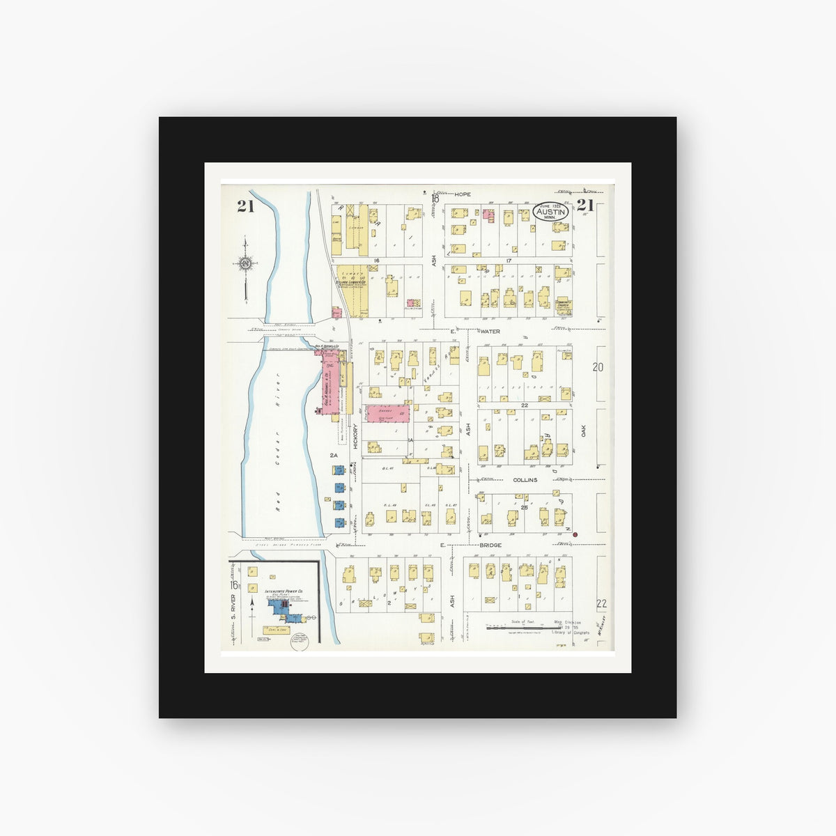 Old map wall art mockup — black gallery frame with white mat — Sanborn Fire Insurance Map from Austin, Mower County, Minnesota (1926), Sheet #0021