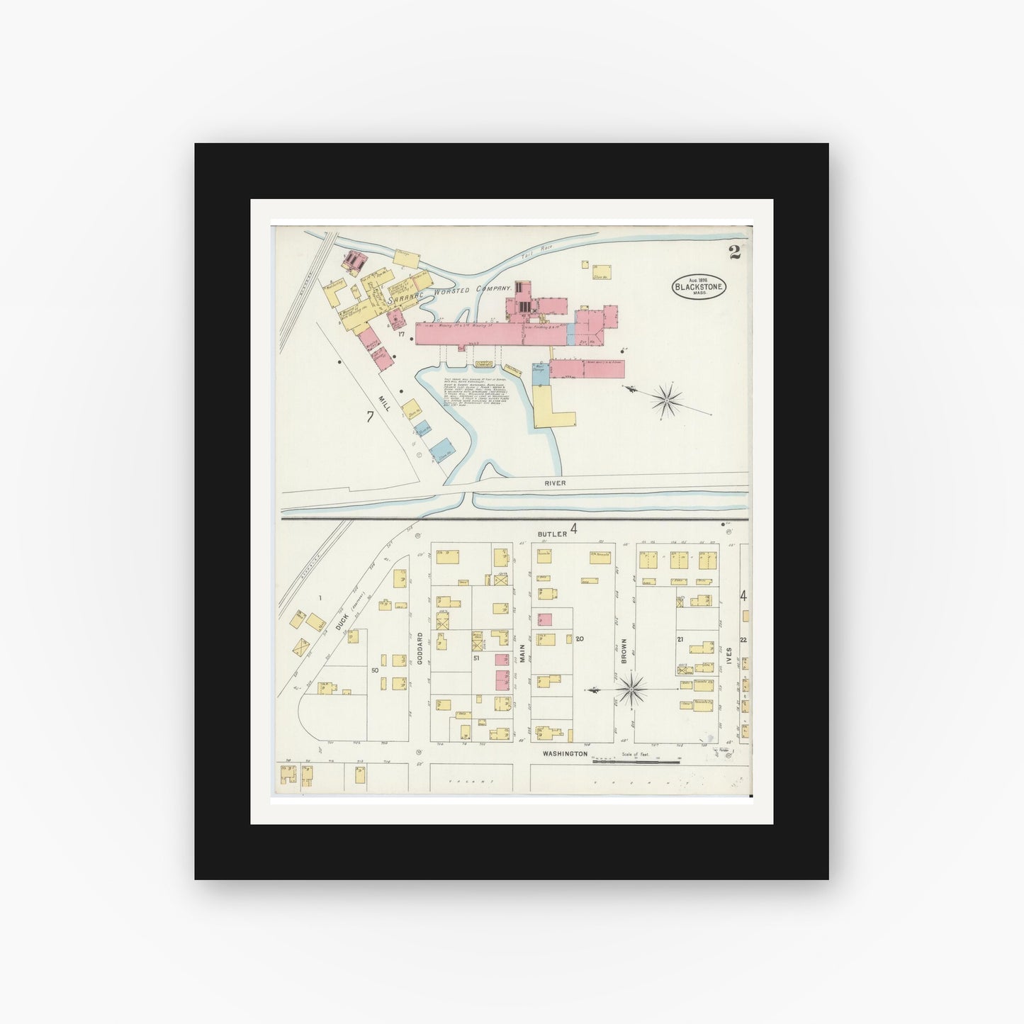 Old map wall art mockup — black gallery frame with white mat — Sanborn Fire Insurance Map from Blackstone, Worcester County, Massachusetts (1898), Sheet #0002